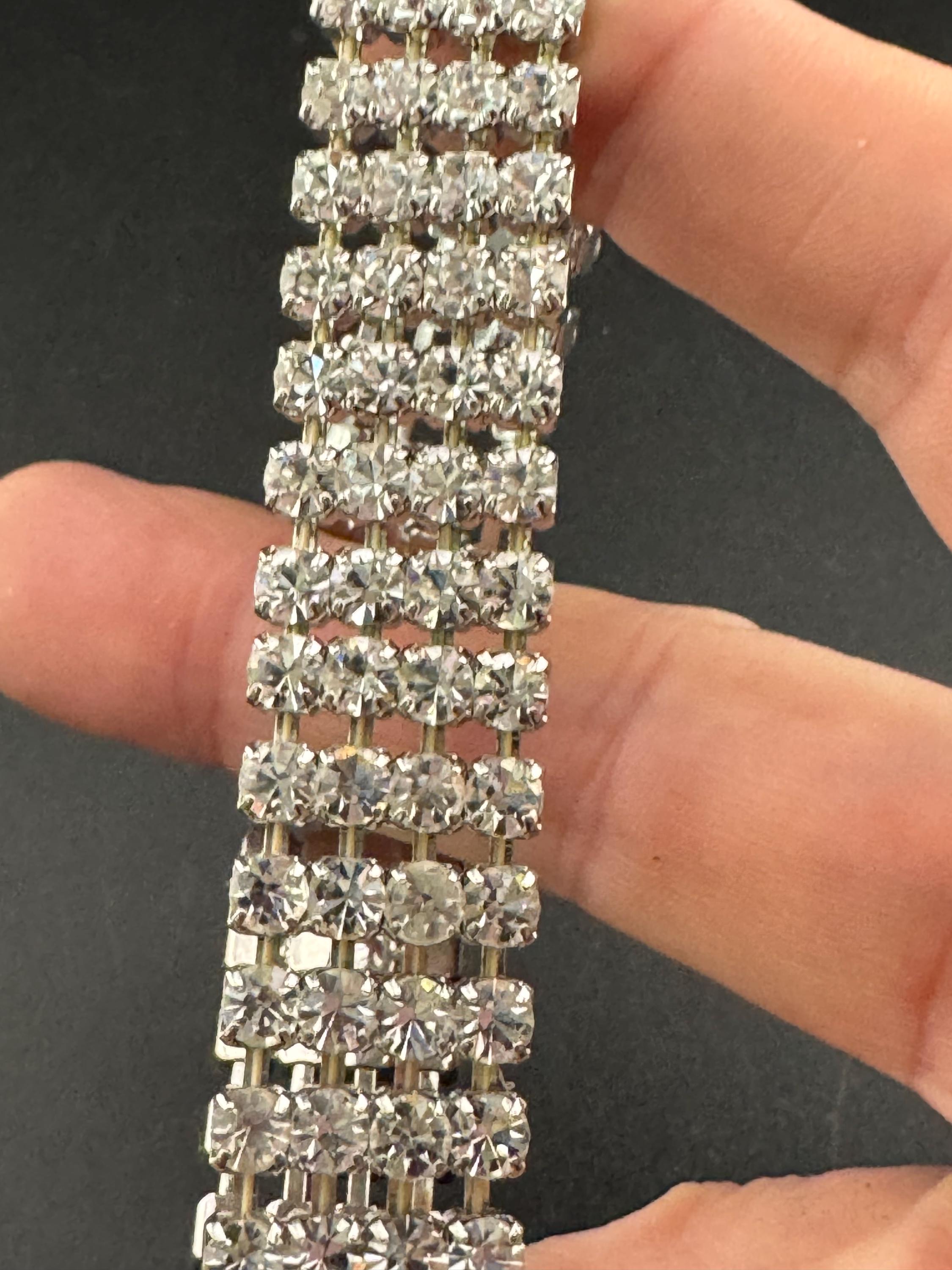 Vintage 1.5cm wide silver tone diamanté paste stretch bangle bracelet mid century