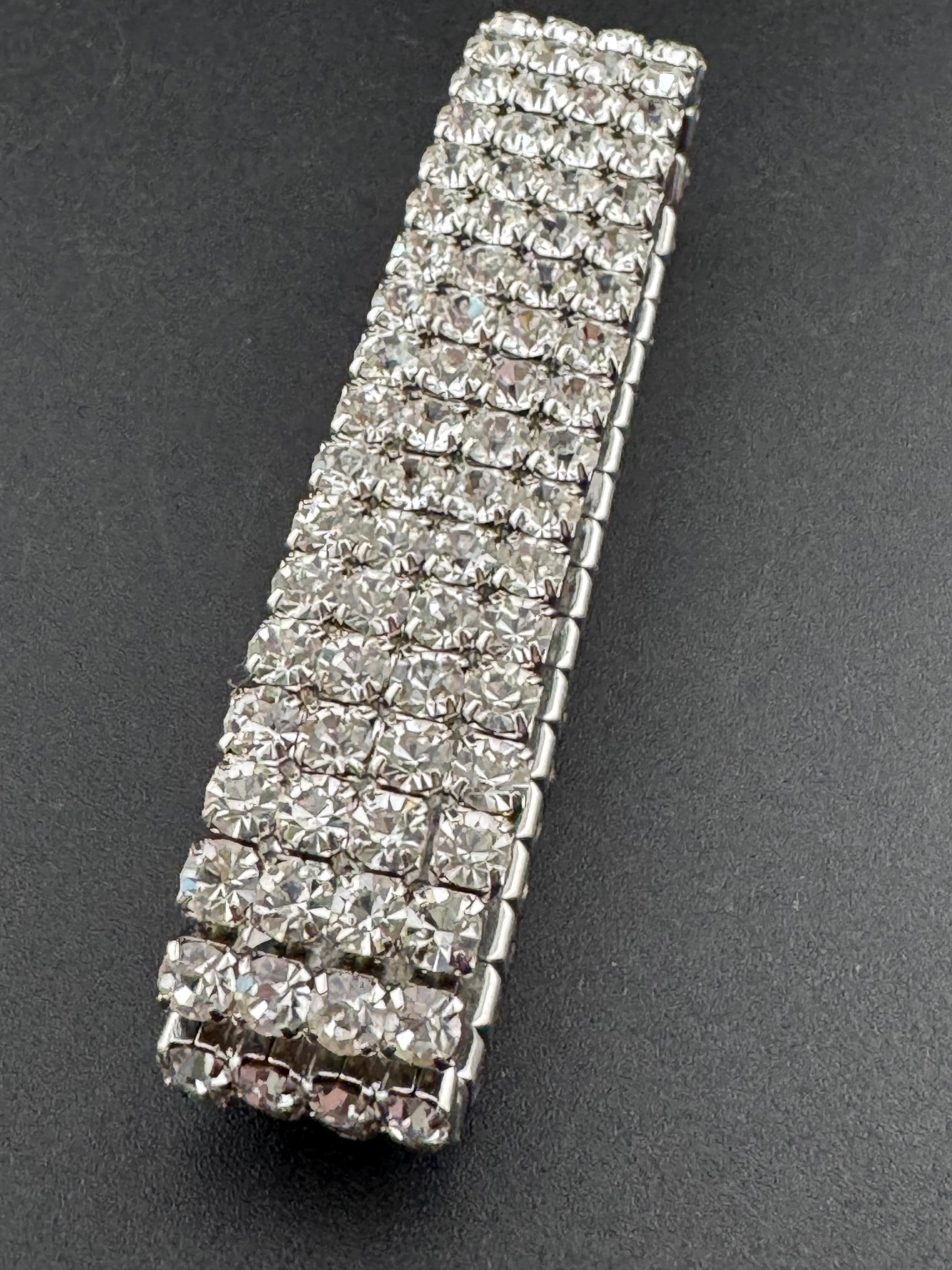 Vintage 1.5cm wide silver tone diamanté paste stretch bangle bracelet mid century