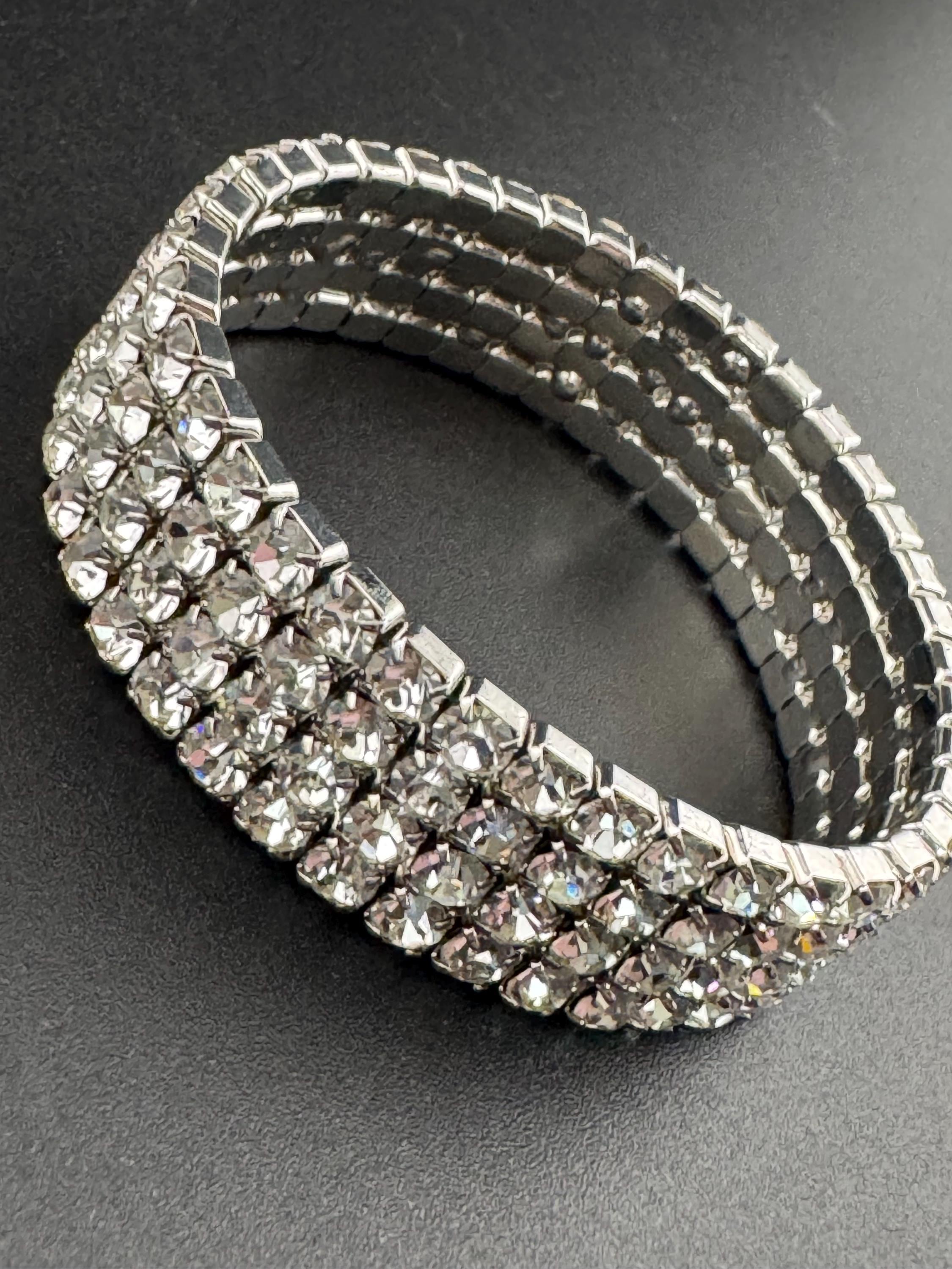 Vintage 1.5cm wide silver tone diamanté paste stretch bangle bracelet mid century