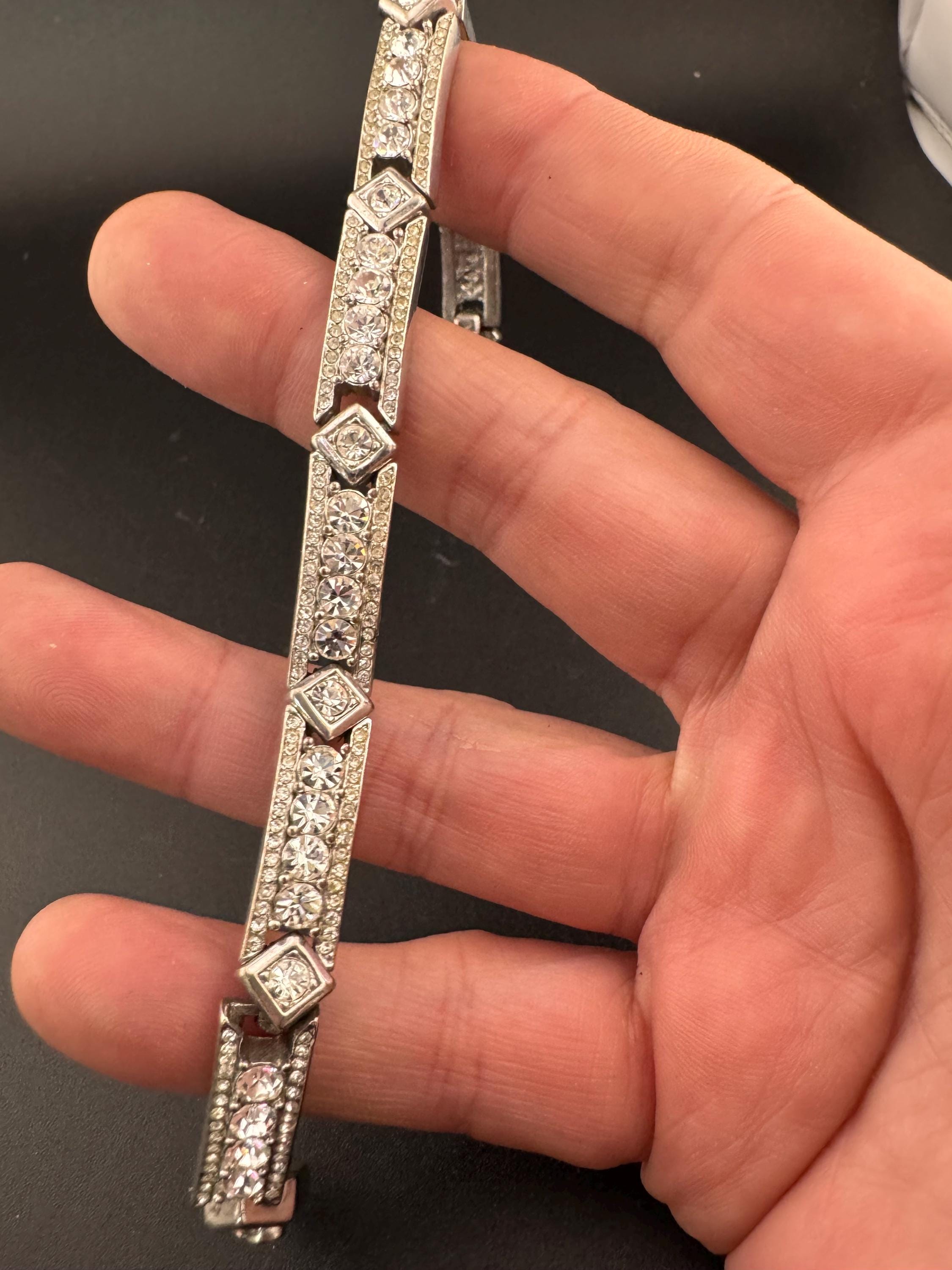 Vintage clear diamanté Crystal geometric art deco style panel link silver tone tennis bracelet