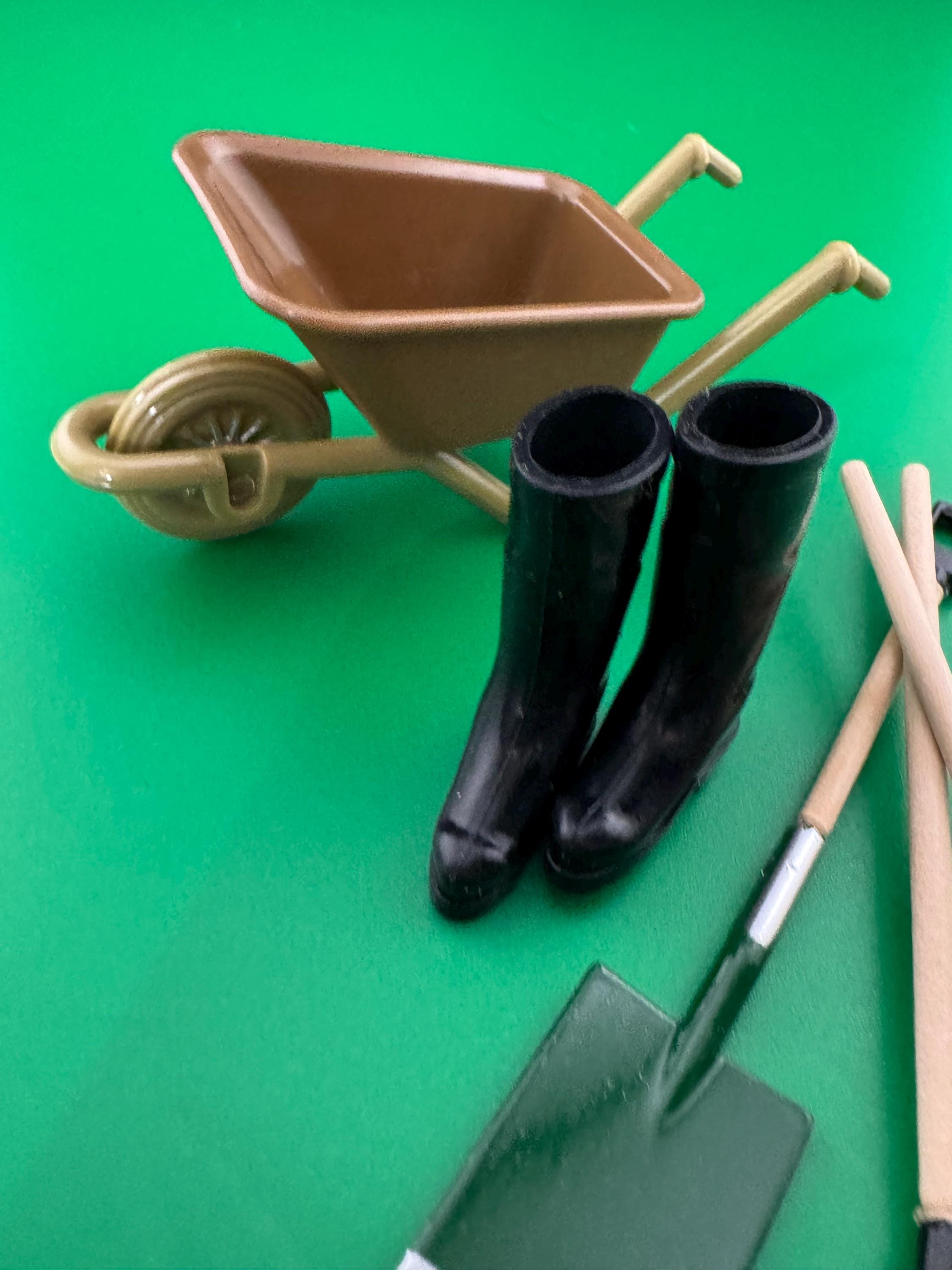 Bakers Set Miniature wheelbarrow, boots and wooden garden tools gardener cake topper decoration scenery dolls
