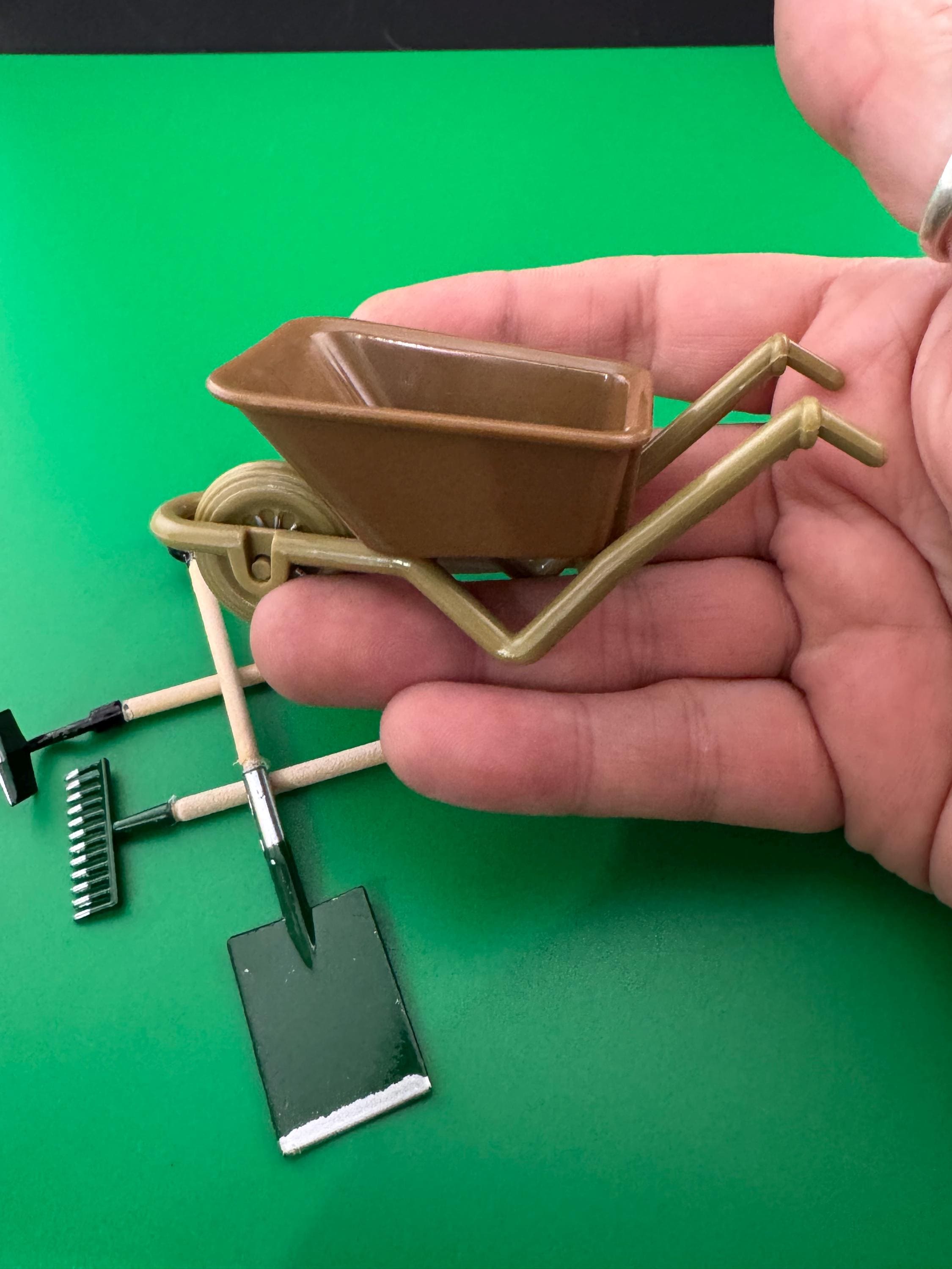 Bakers Set Miniature wheelbarrow and 3 x metal wood garden tools gardener cake topper decoration scenery dolls