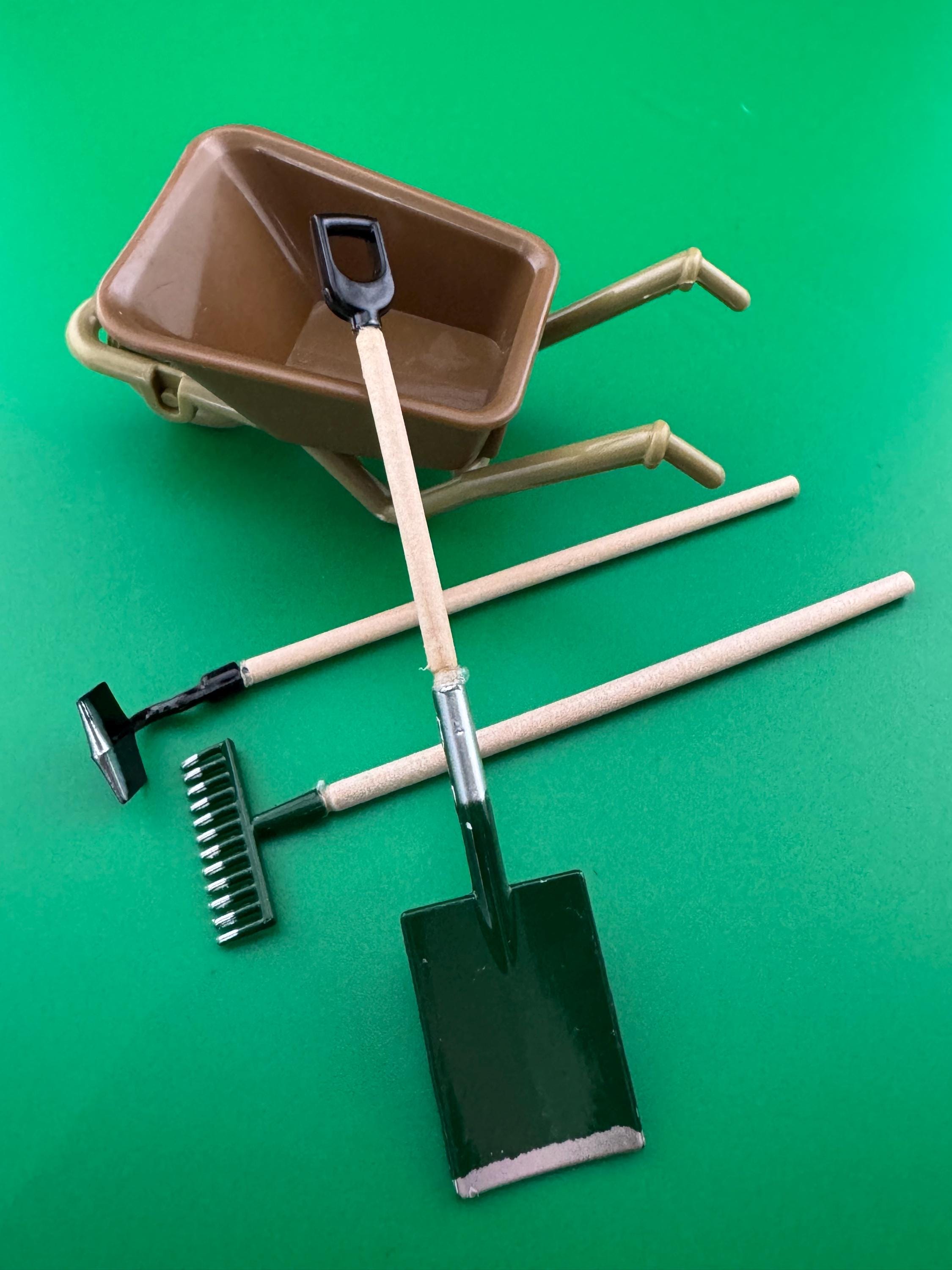 Bakers Set Miniature wheelbarrow and 3 x metal wood garden tools gardener cake topper decoration scenery dolls