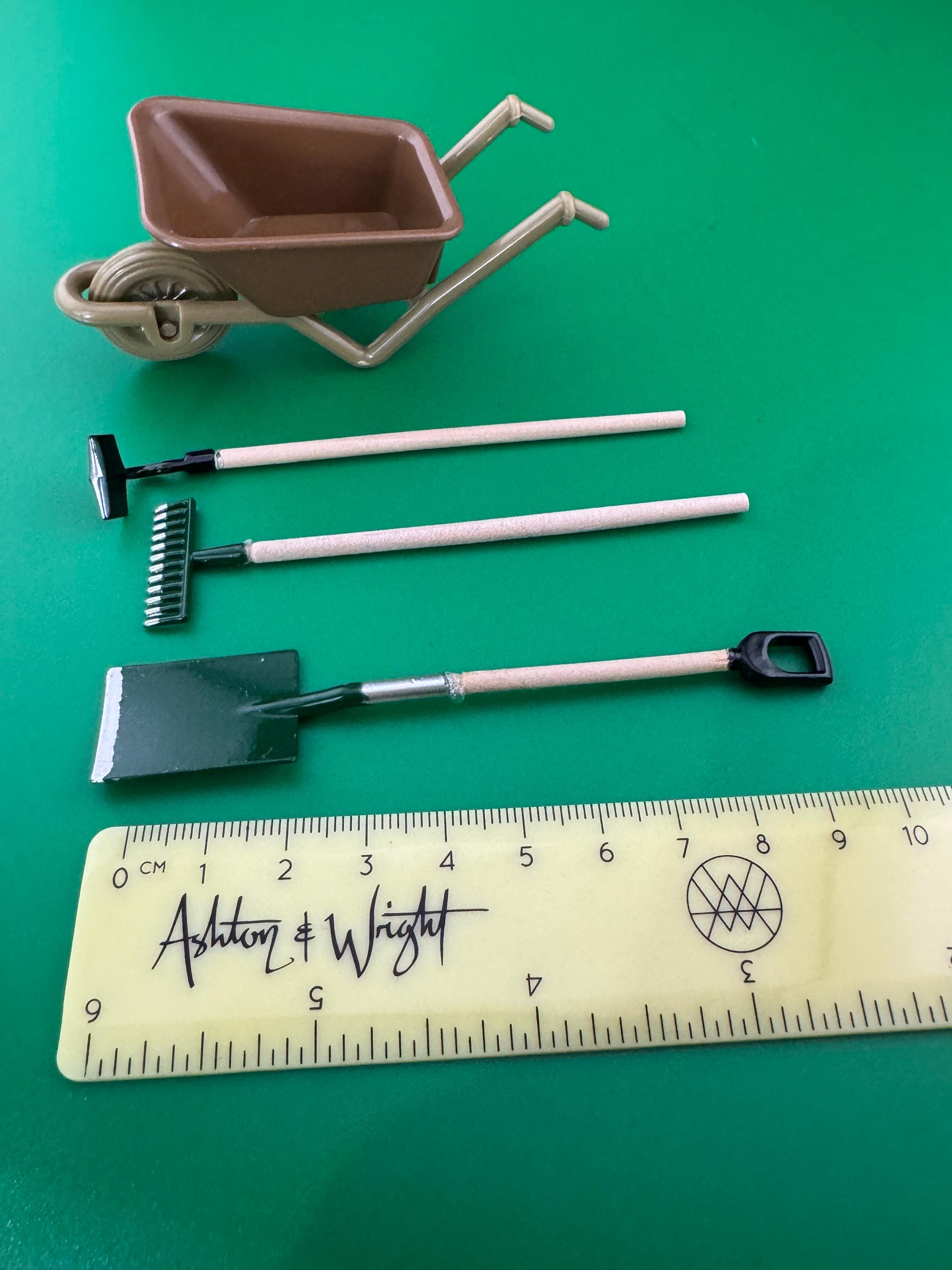 Bakers Set Miniature wheelbarrow and 3 x metal wood garden tools gardener cake topper decoration scenery dolls