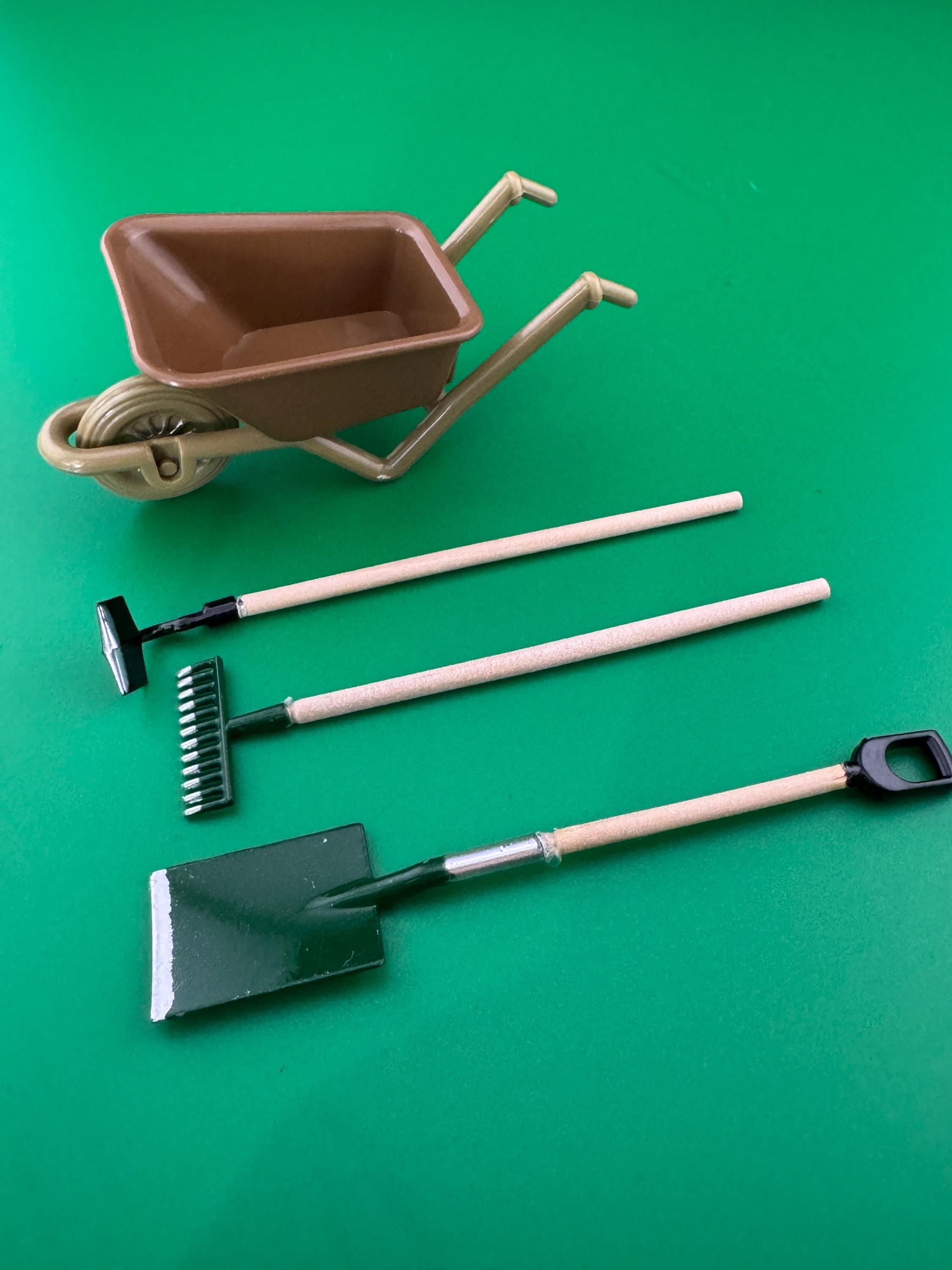 Bakers Set Miniature wheelbarrow and 3 x metal wood garden tools gardener cake topper decoration scenery dolls