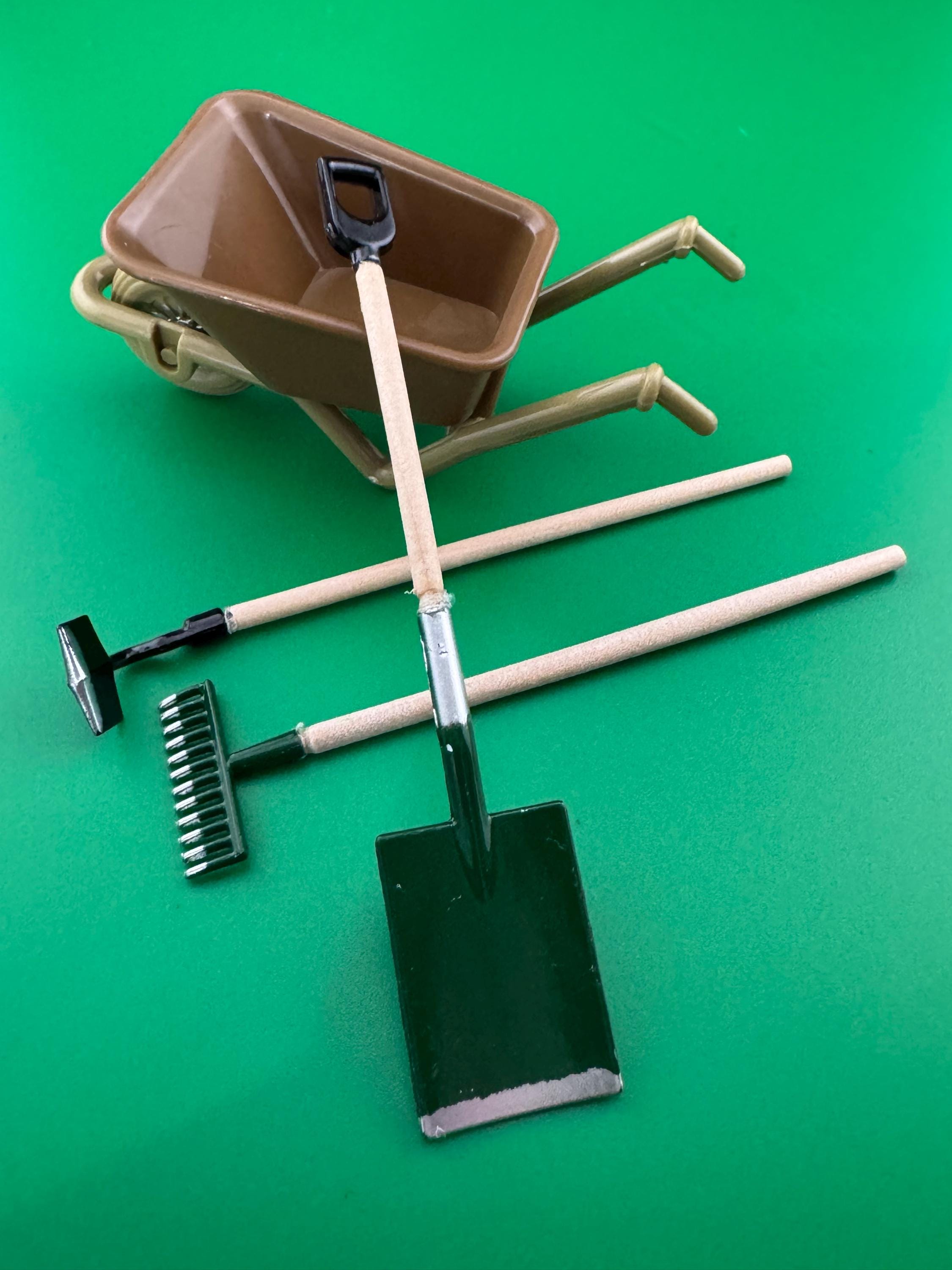 Bakers Set Miniature wheelbarrow and 3 x metal wood garden tools gardener cake topper decoration scenery dolls