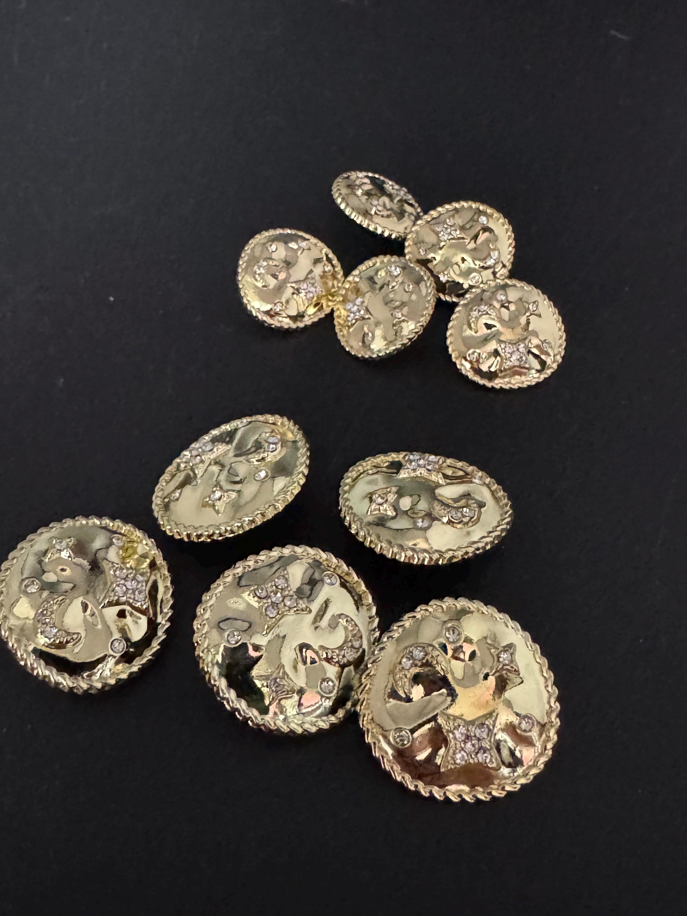 Set of 5 pc 17mm or 22mm crystal moon and star diamanté buttons, metal shank, celestial, glossy gold tone metal