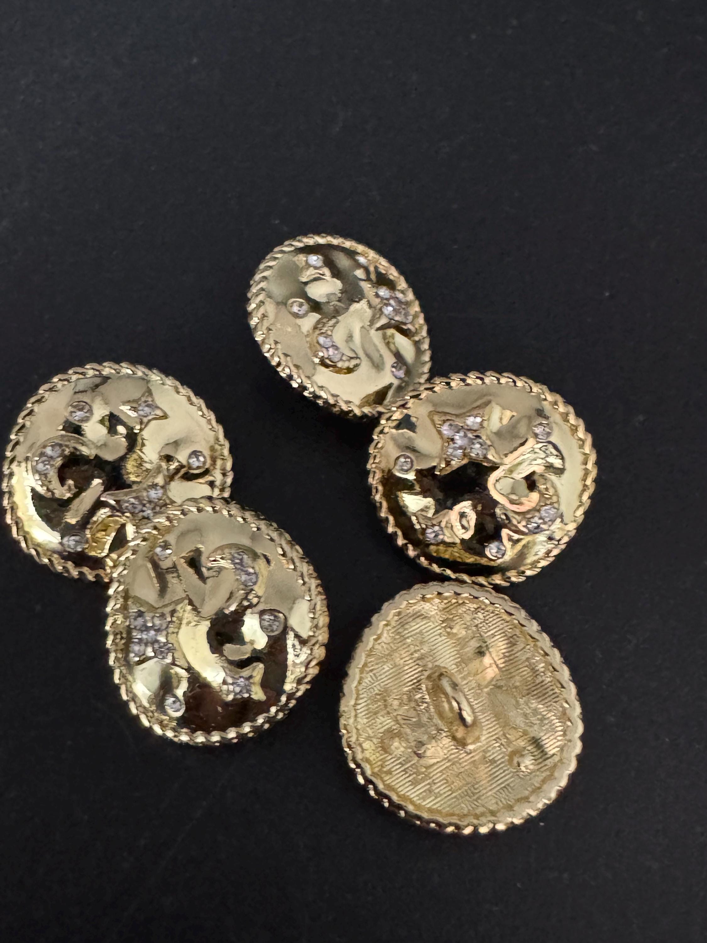 Set of 5 pc 17mm or 22mm crystal moon and star diamanté buttons, metal shank, celestial, glossy gold tone metal