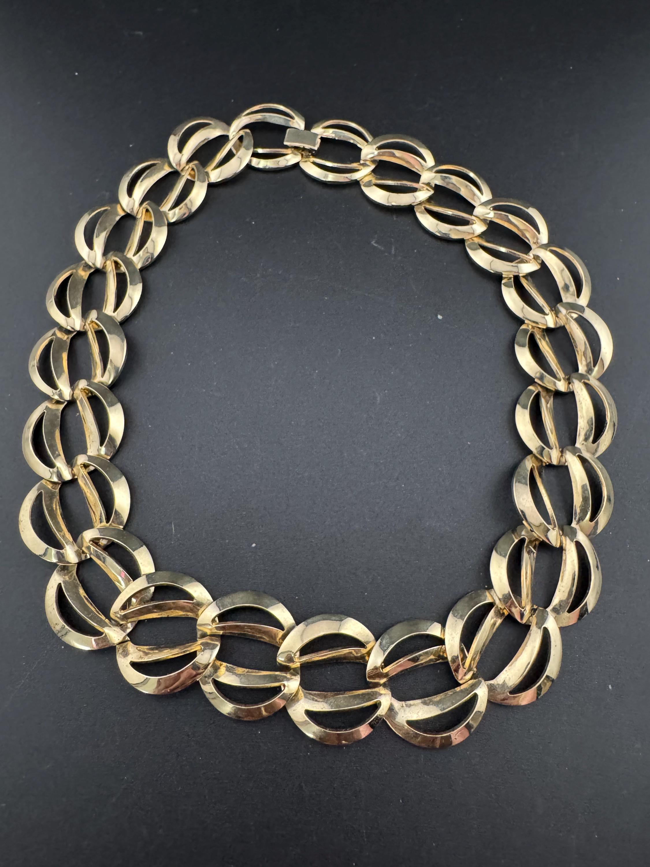 Retro 1980s wide link chunky gold tone fancy curb link choker necklace