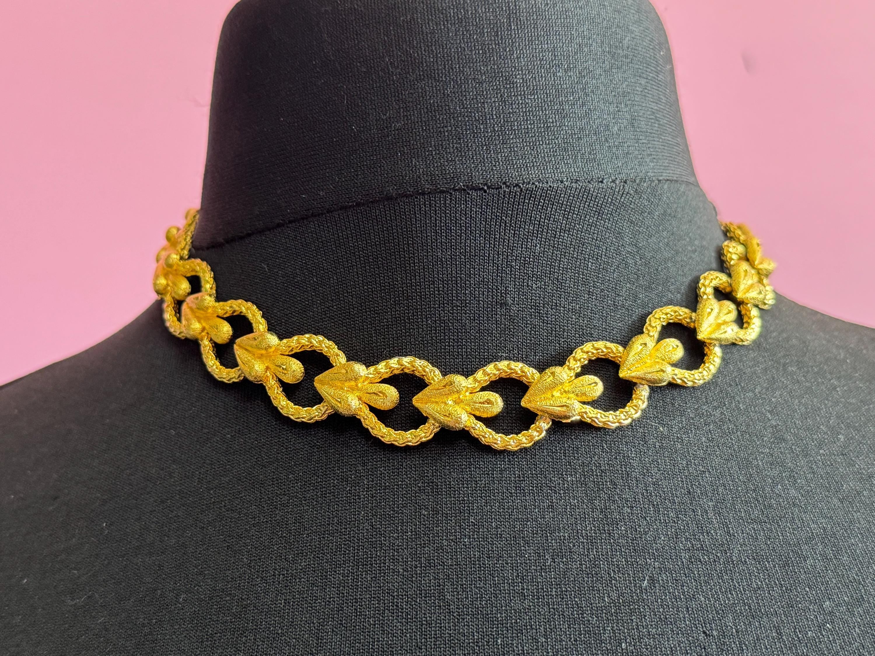 vintage modernist gold plated panel link textured design choker necklace 44cm