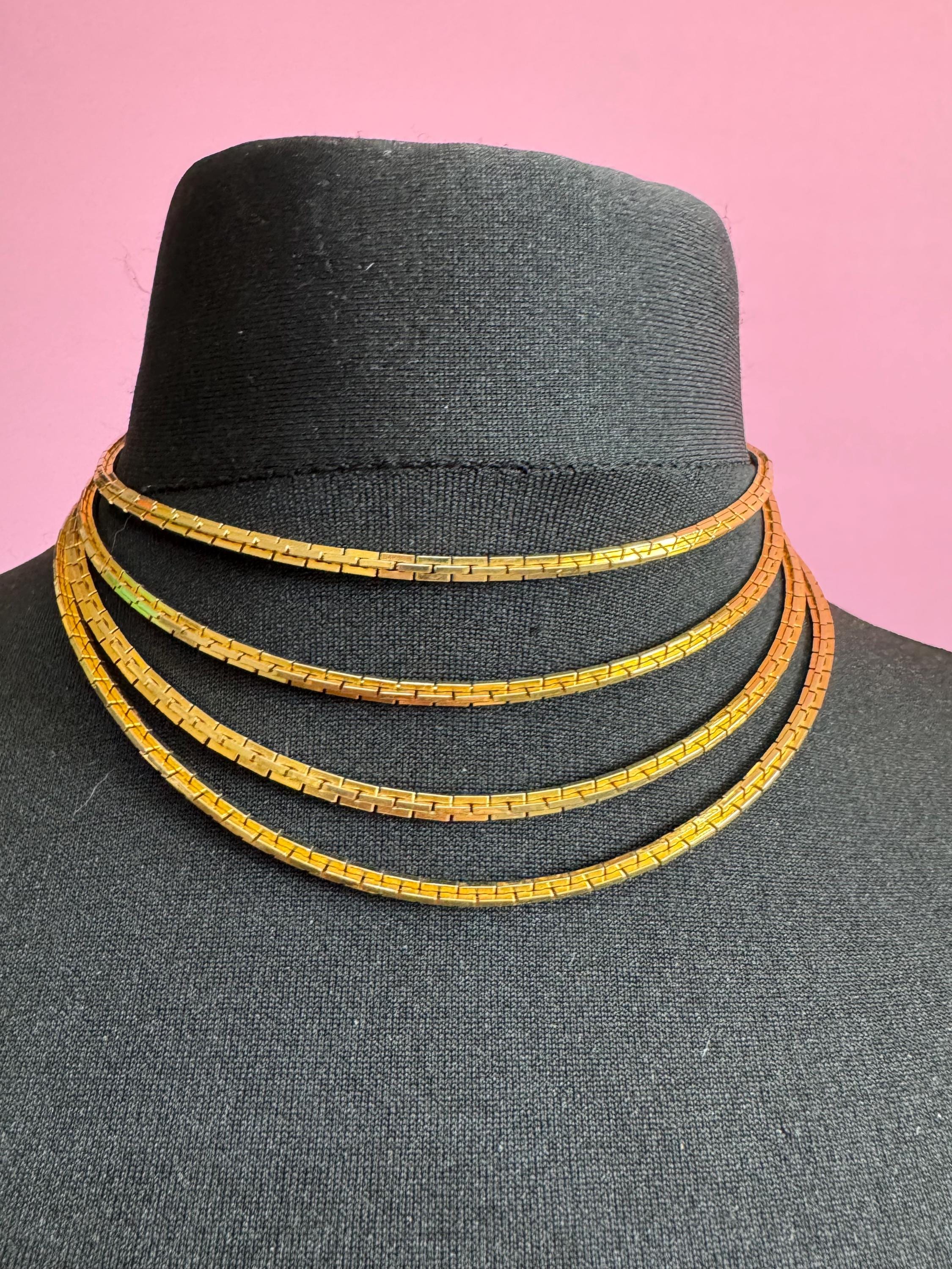 Vintage 1970s gold tone necklace choker fancy link chain 4 strand necklace waterfall multi strand