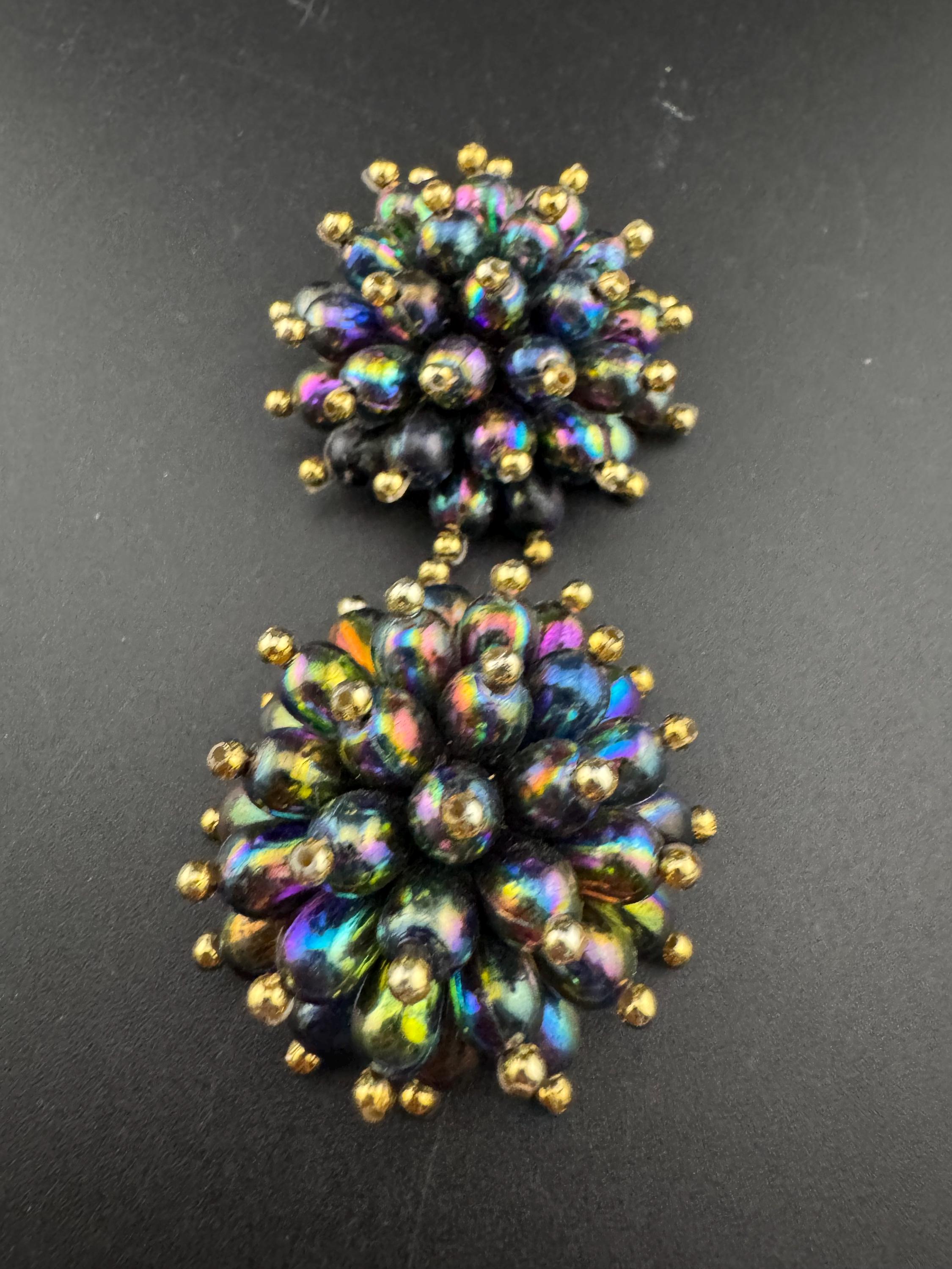 Oversized green pink purple plastic beaded Cluster Clip On Earrings, vintage