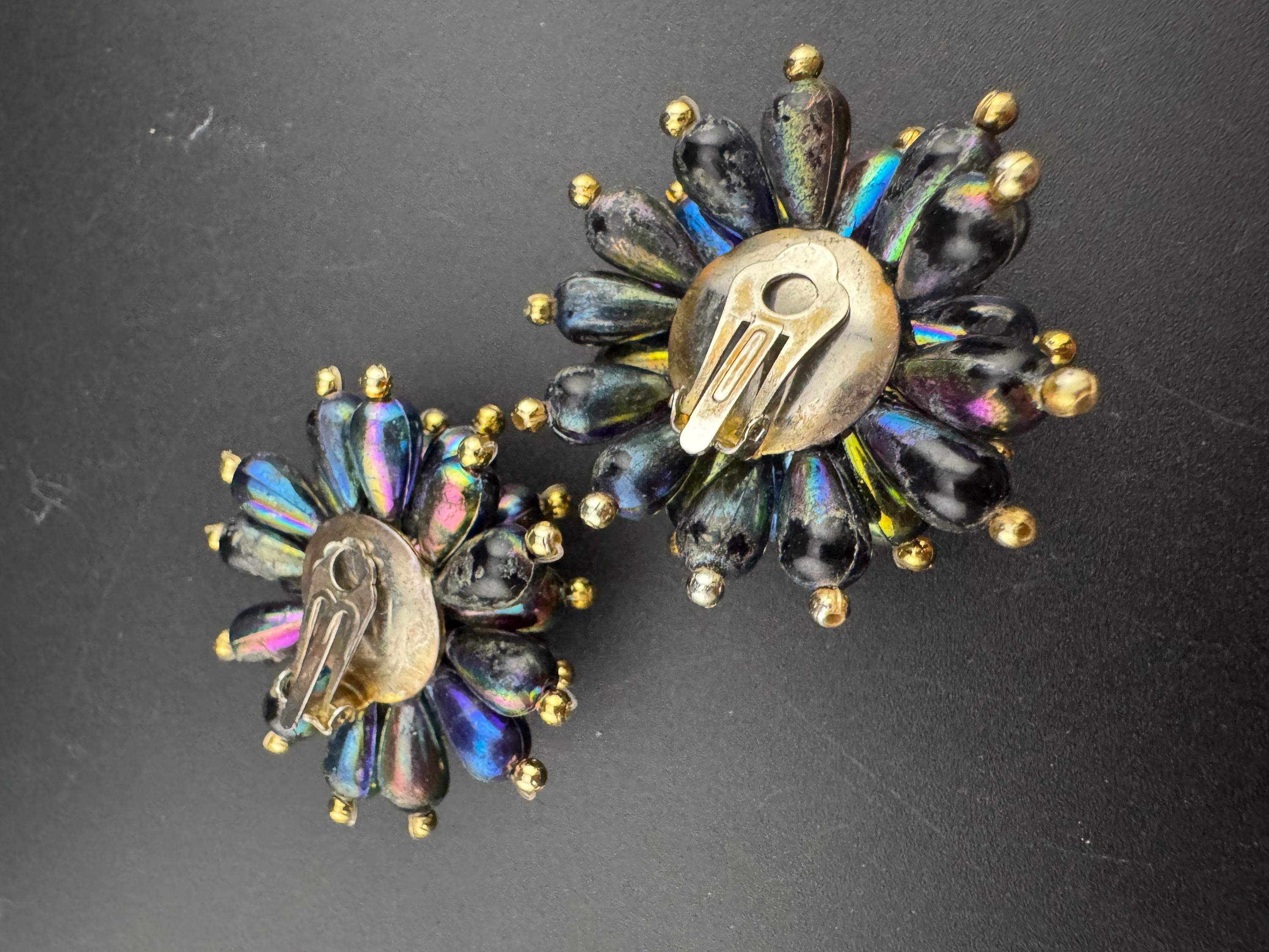 Oversized green pink purple plastic beaded Cluster Clip On Earrings, vintage