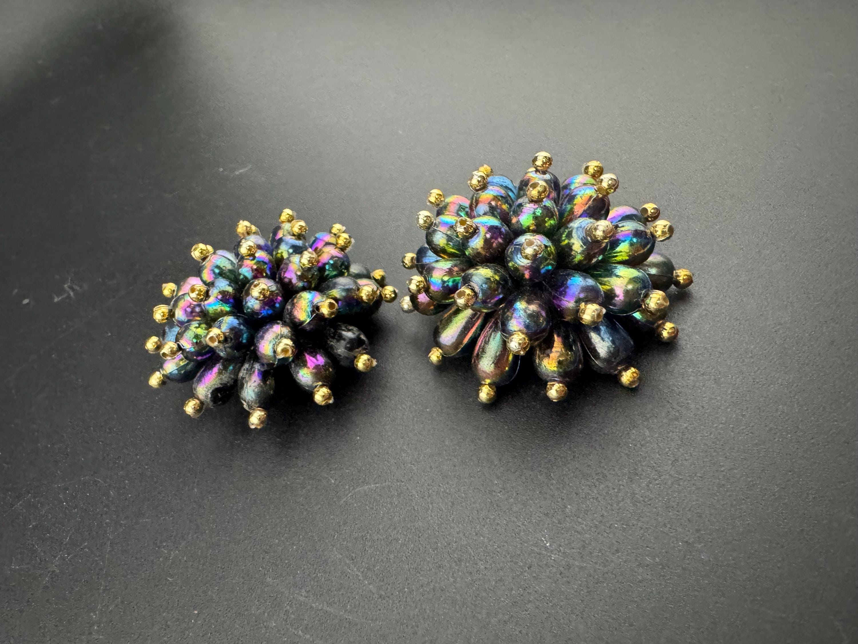 Oversized green pink purple plastic beaded Cluster Clip On Earrings, vintage