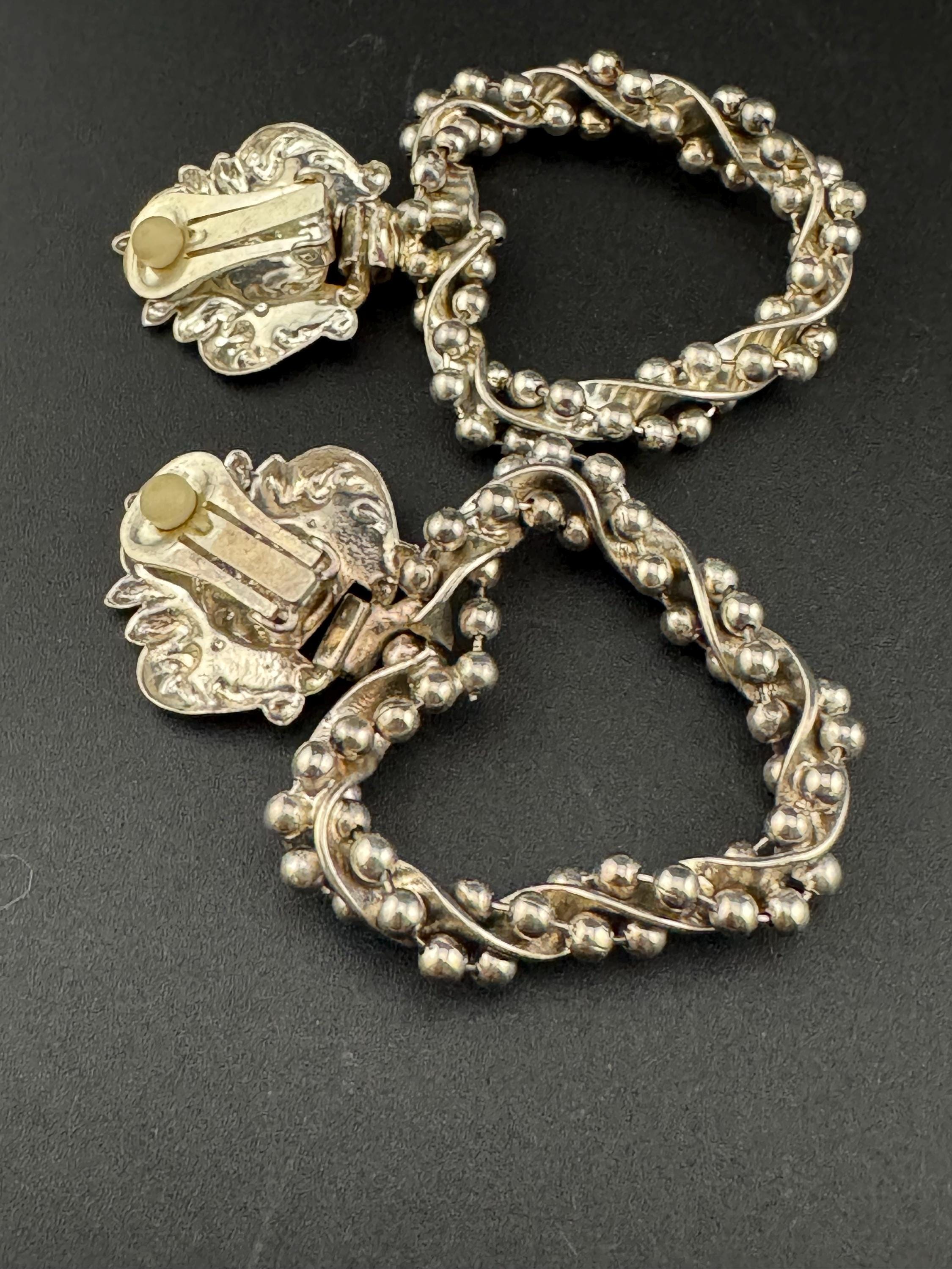 vintage oversized Silver metal brutalist beaded door knocker clip on earrings