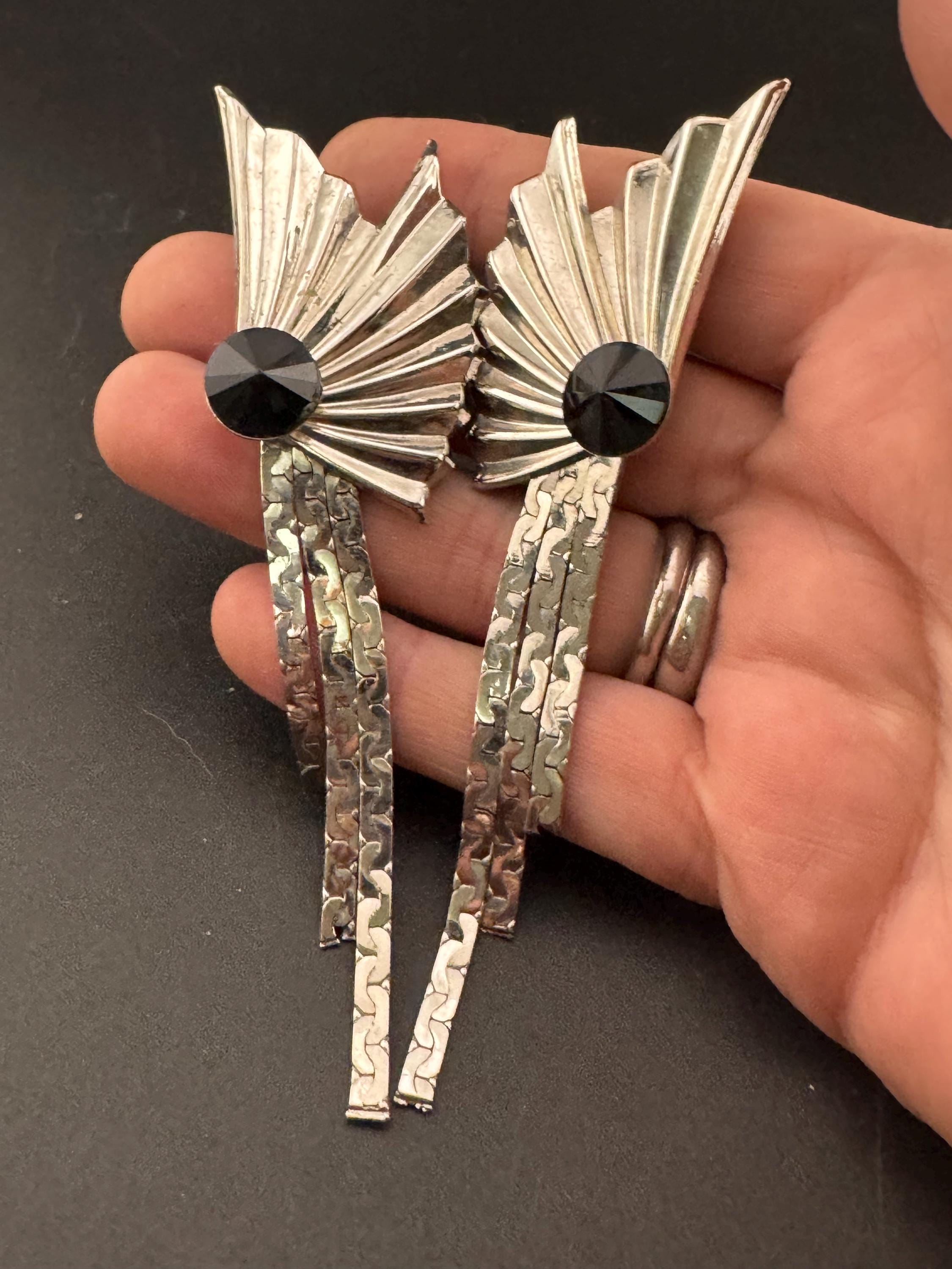 10cm extra long Chinese Fan Shaped chain link black crystal Dangle Drop Earrings Silver tone metal