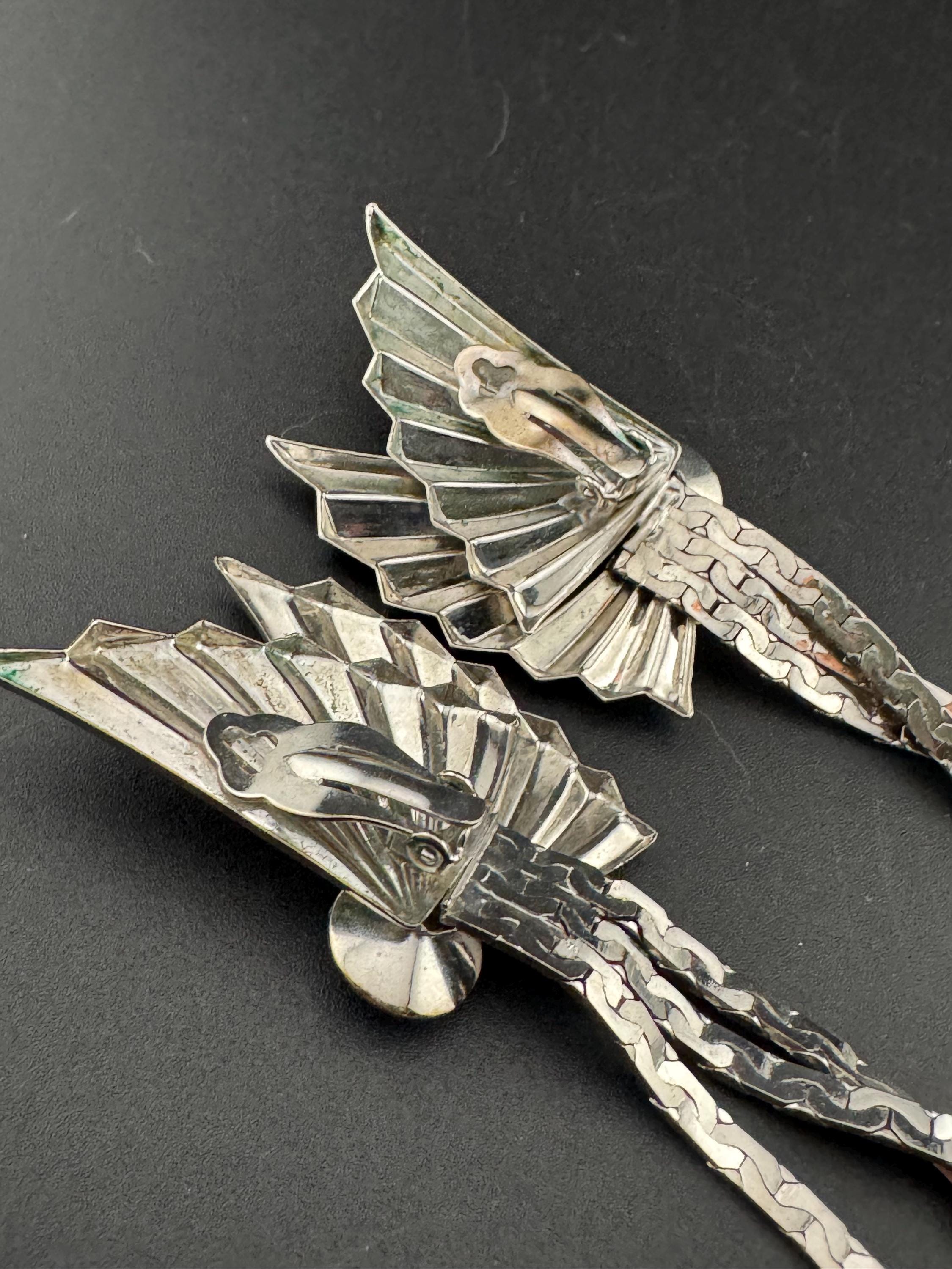 10cm extra long Chinese Fan Shaped chain link black crystal Dangle Drop Earrings Silver tone metal