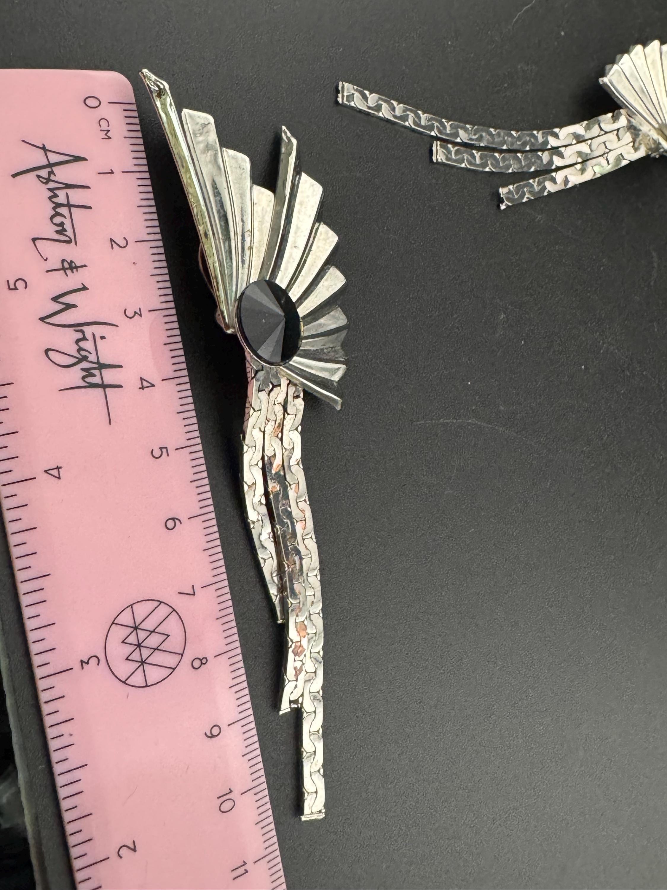 10cm extra long Chinese Fan Shaped chain link black crystal Dangle Drop Earrings Silver tone metal