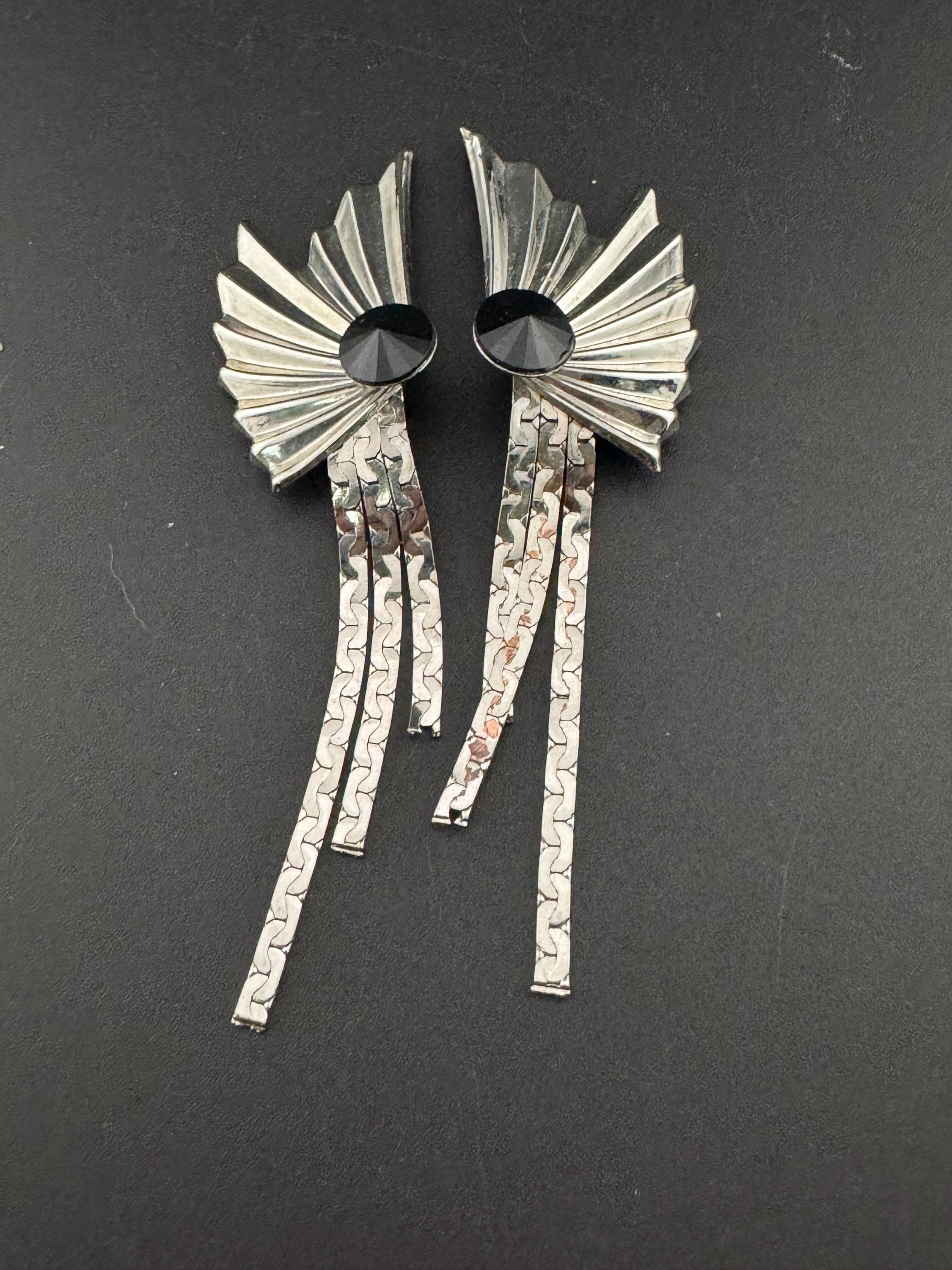 10cm extra long Chinese Fan Shaped chain link black crystal Dangle Drop Earrings Silver tone metal