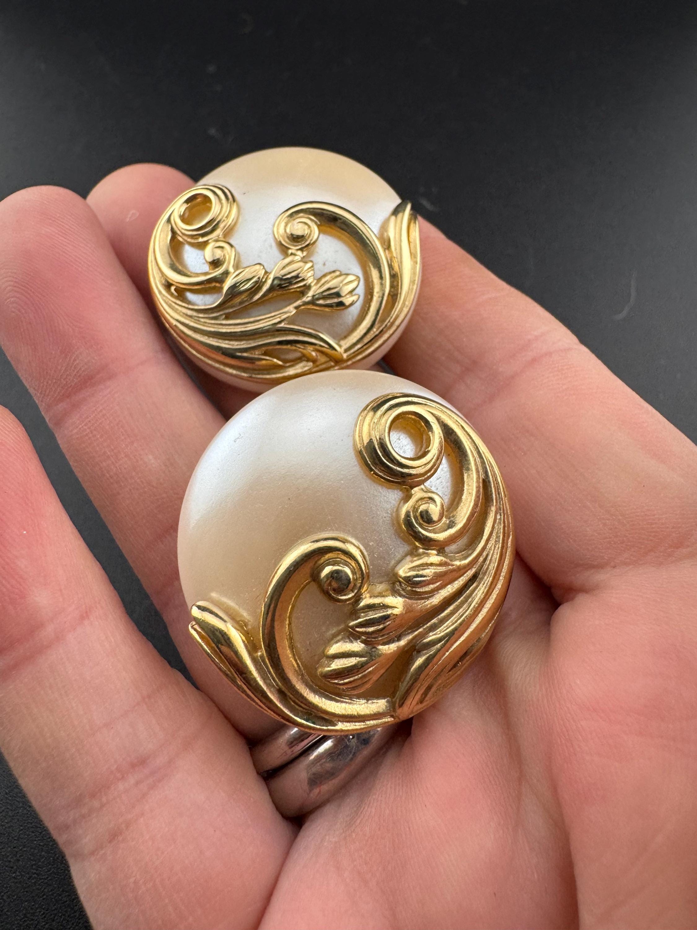 Oversized faux pearl plastic disc pierced earrings with gold tone ornate edge, big studs