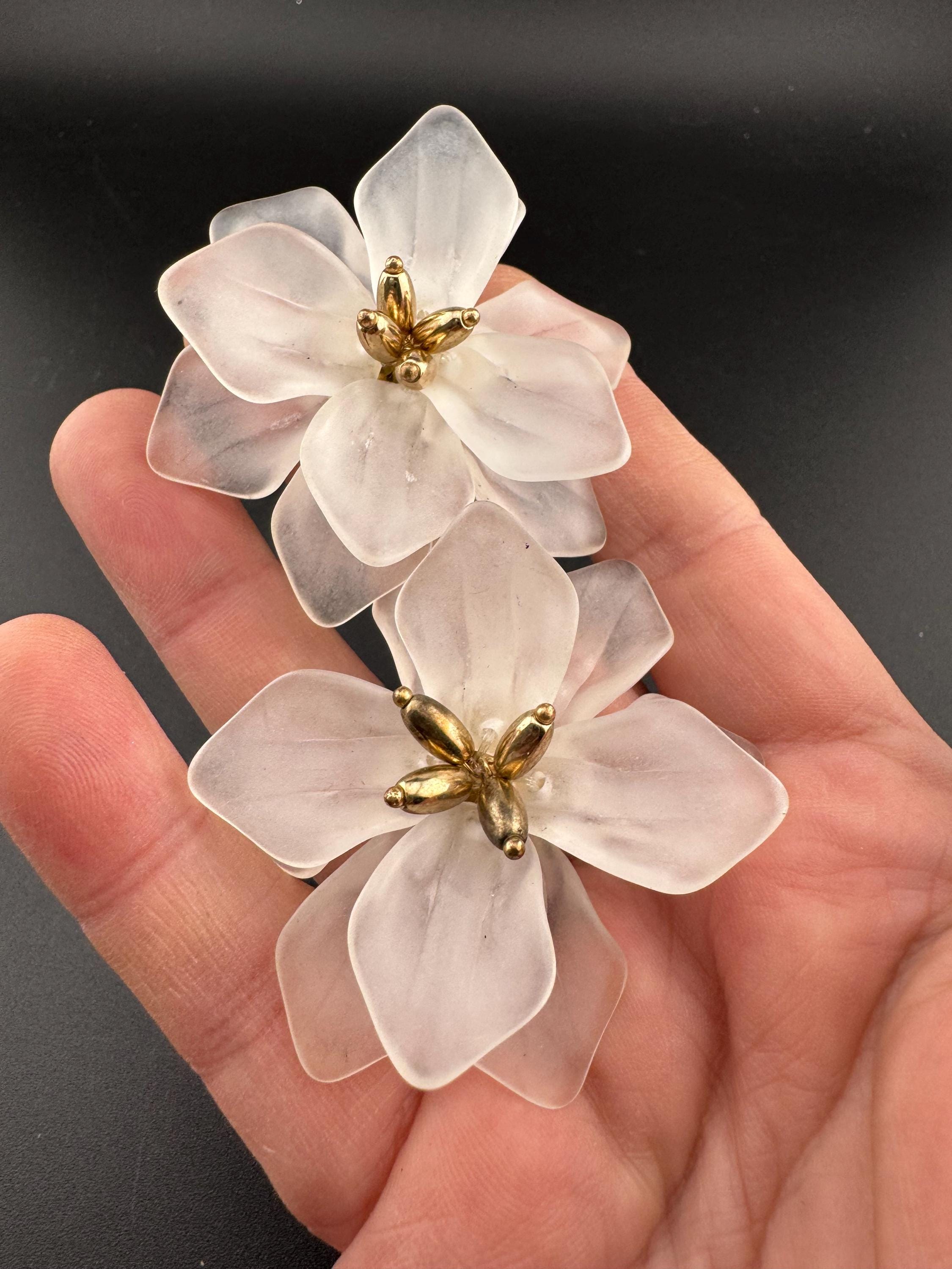 Very Oversized frosted plastic flower earrings pierced earrings with gold tone detail, big floral studs