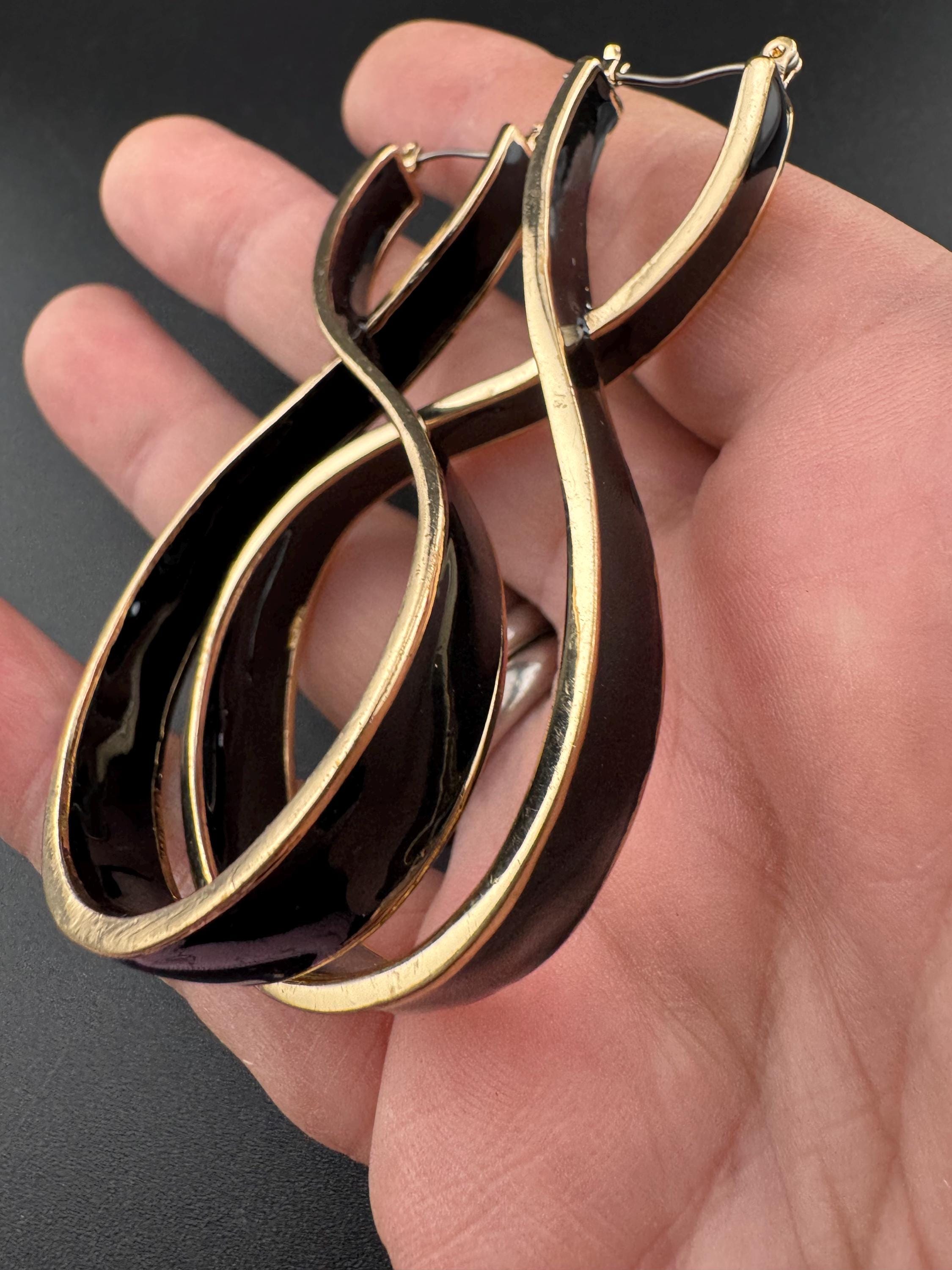 Oversized Retro 1980s black enamel geometric dangly drop double loop earrings for pierced ears 8cm