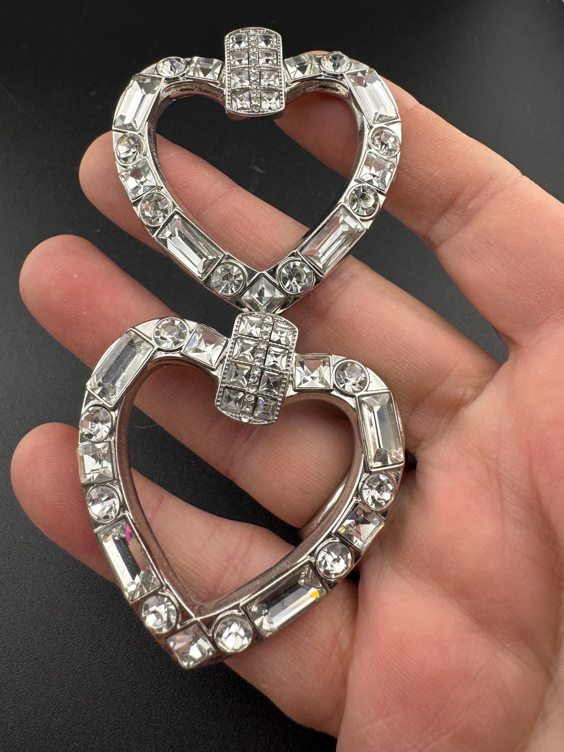 Vintage oversized huge 5cm love heart diamanté stud earrings for pierced ears