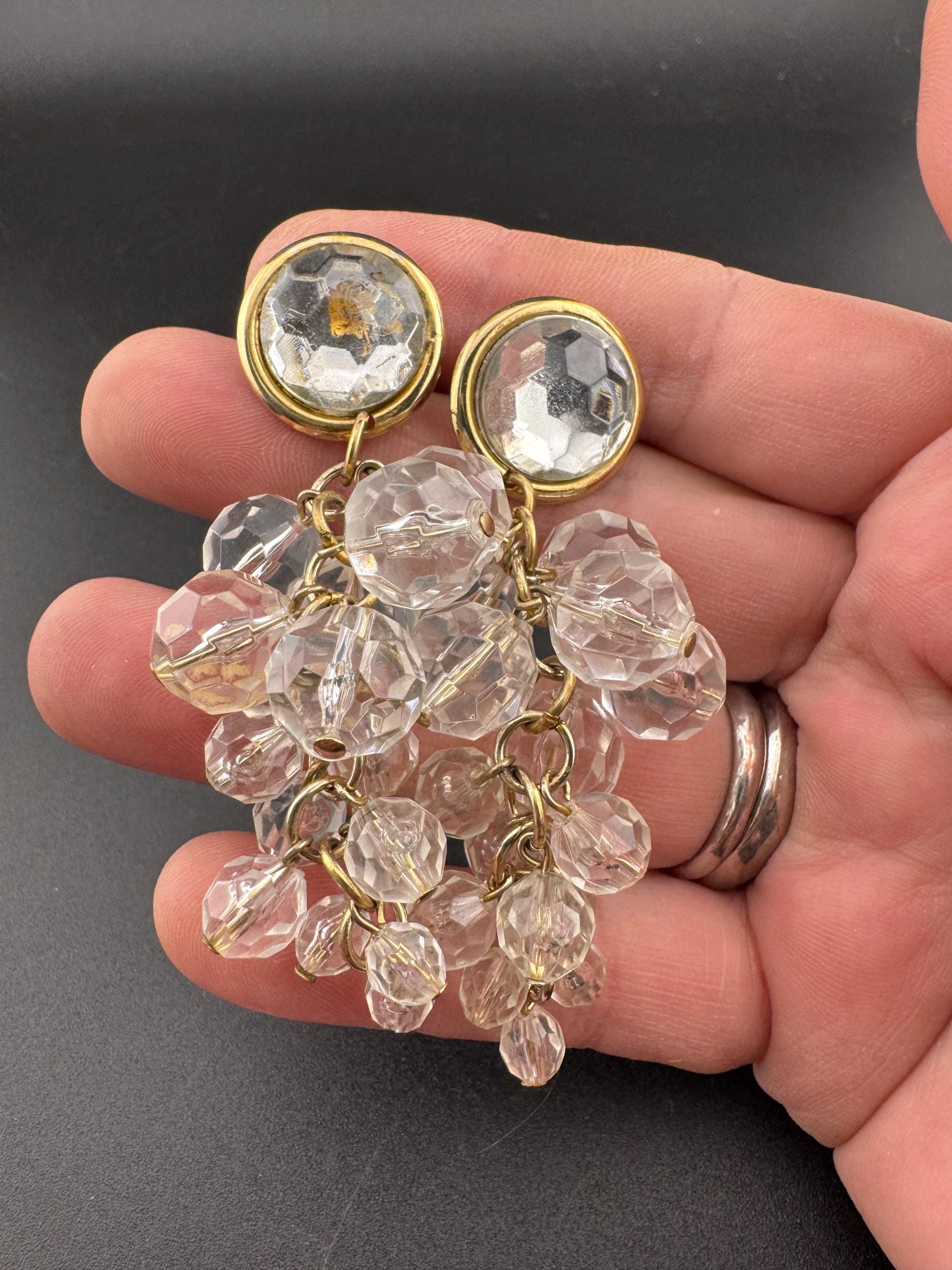 Vintage long gold acrylic faceted beaded cluster waterfall drop earrings for pierced ears