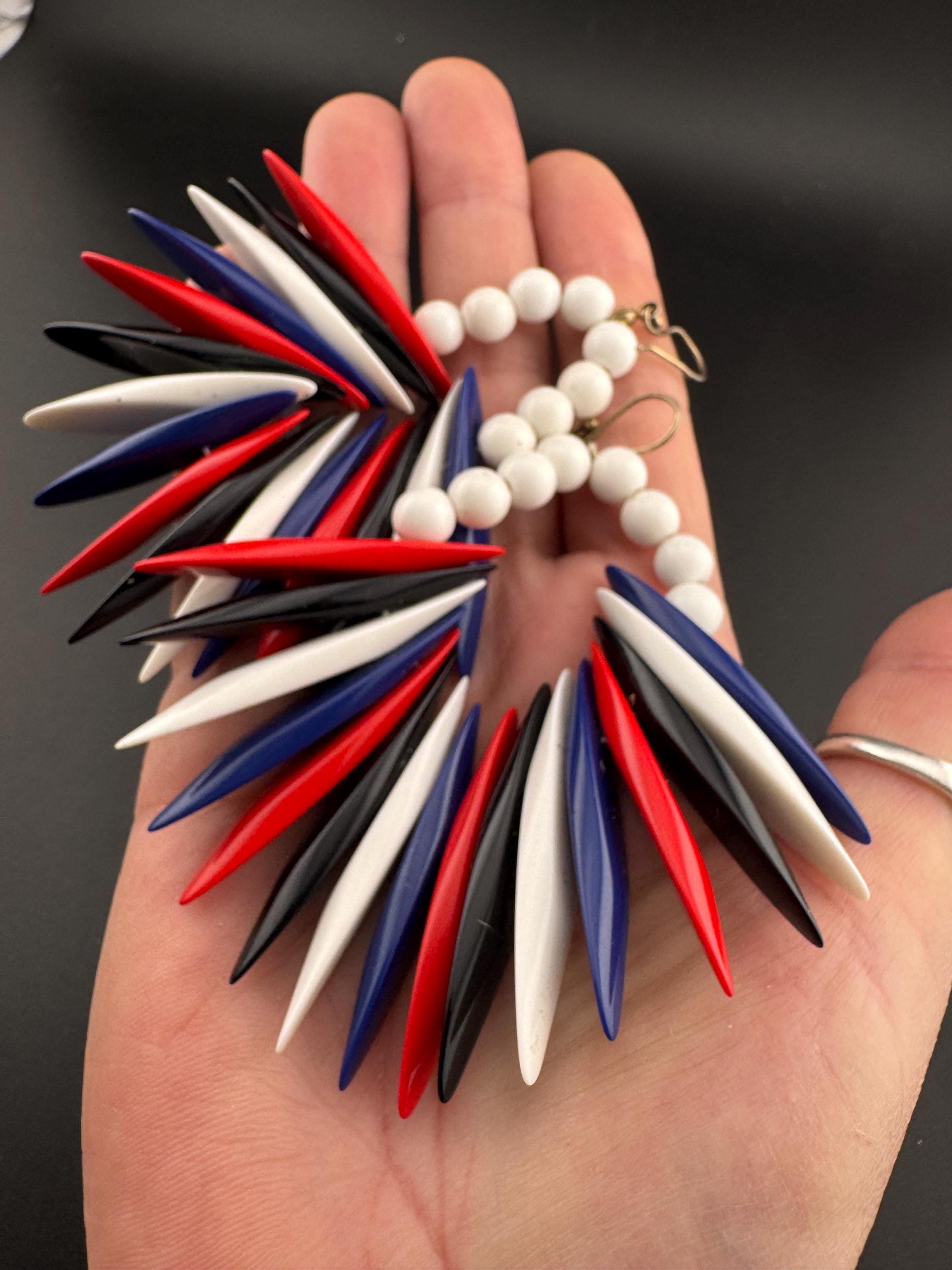 Vintage 11cm XL red white and blue plastic dangly drop oversized earrings for pierced ears, 80s fashion, patriotic UK, USA France