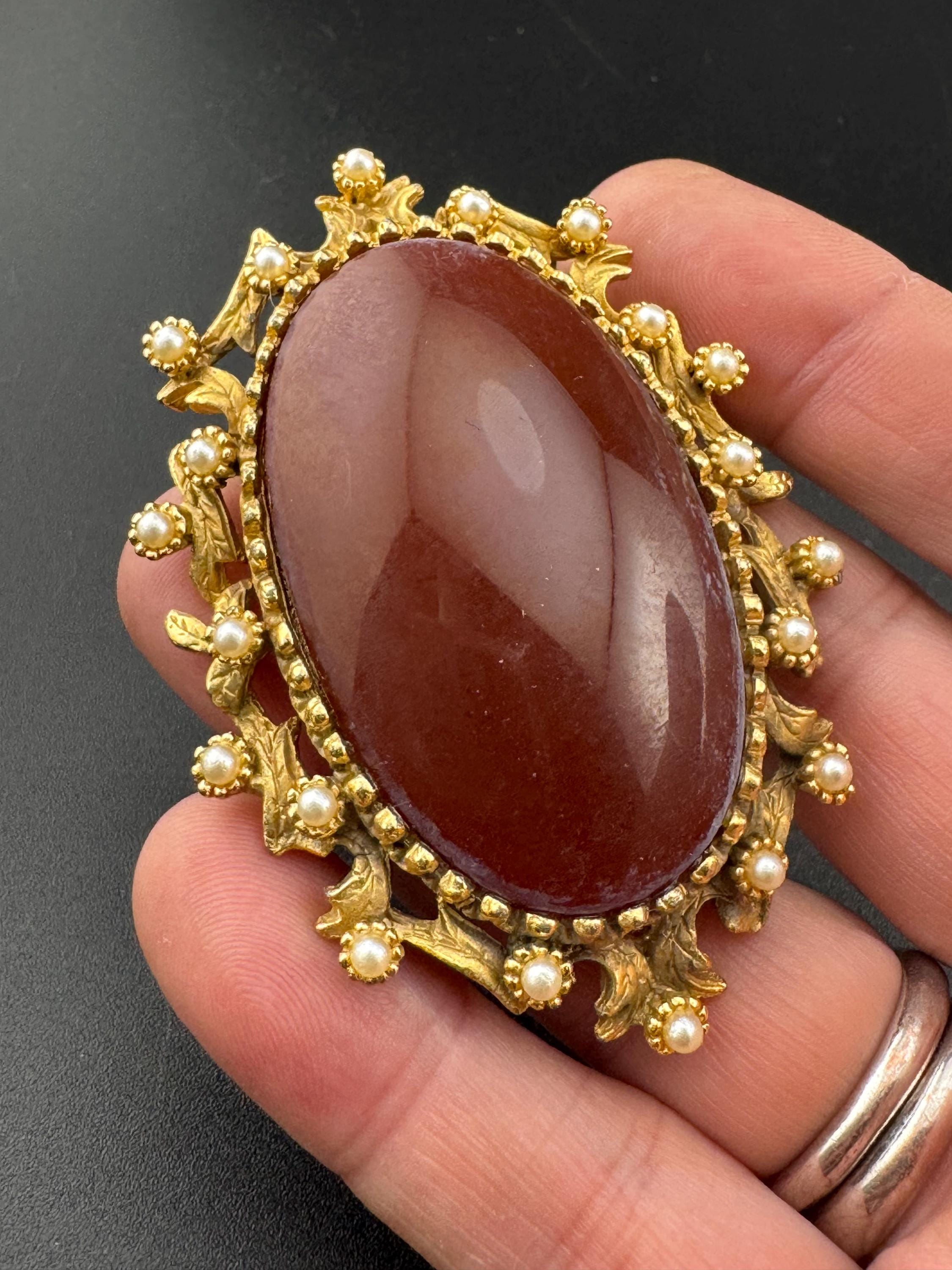 Vintage Gold Tone Brooch: Oversized Red Cabochon & Seed Pearls