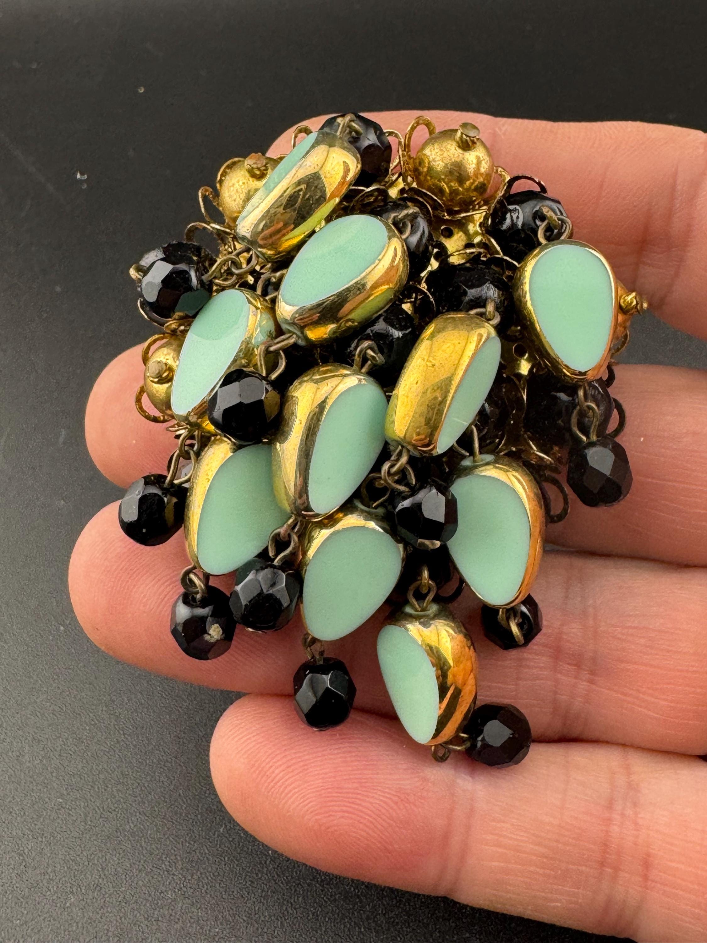 XL Vintage Gold Tone turquoise blue and  black glass ceramic beads beaded waterfall cascade Brooch Large ideal for coat
