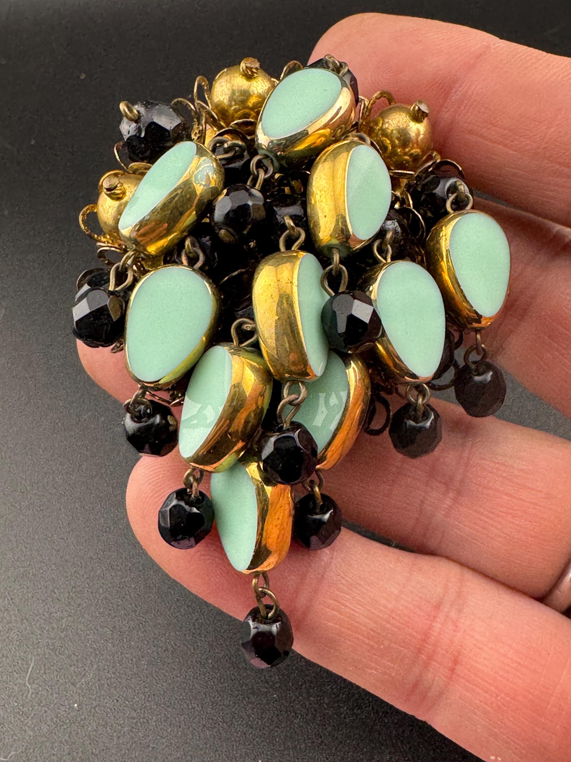 XL Vintage Gold Tone turquoise blue and  black glass ceramic beads beaded waterfall cascade Brooch Large ideal for coat