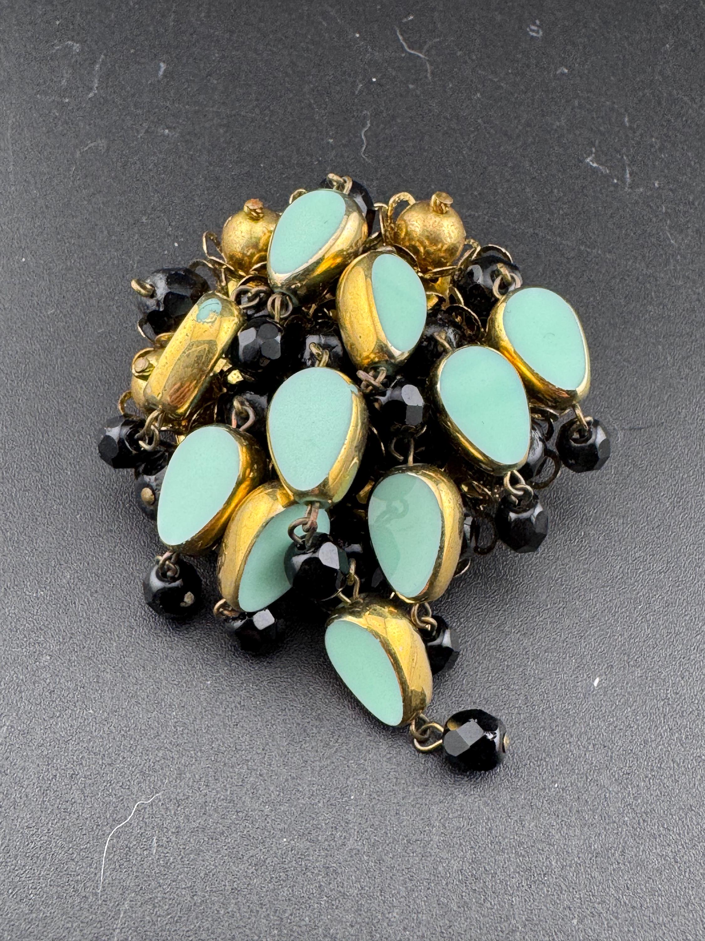 XL Vintage Gold Tone turquoise blue and  black glass ceramic beads beaded waterfall cascade Brooch Large ideal for coat
