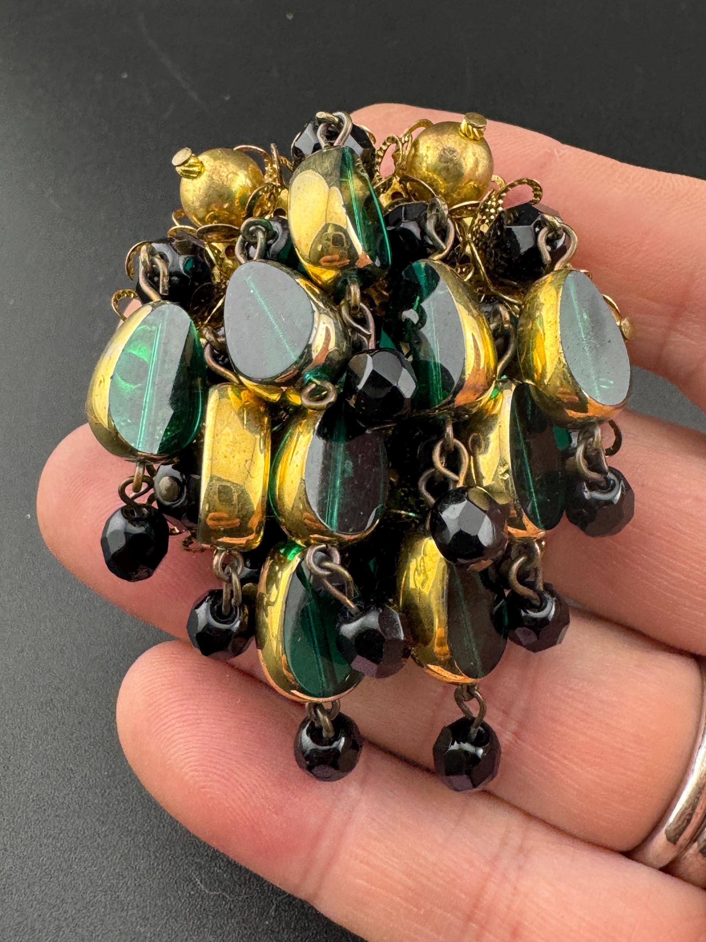 XL Vintage Gold Tone emerald Green and  black glass beads beaded waterfall cascade Brooch Large ideal for coat