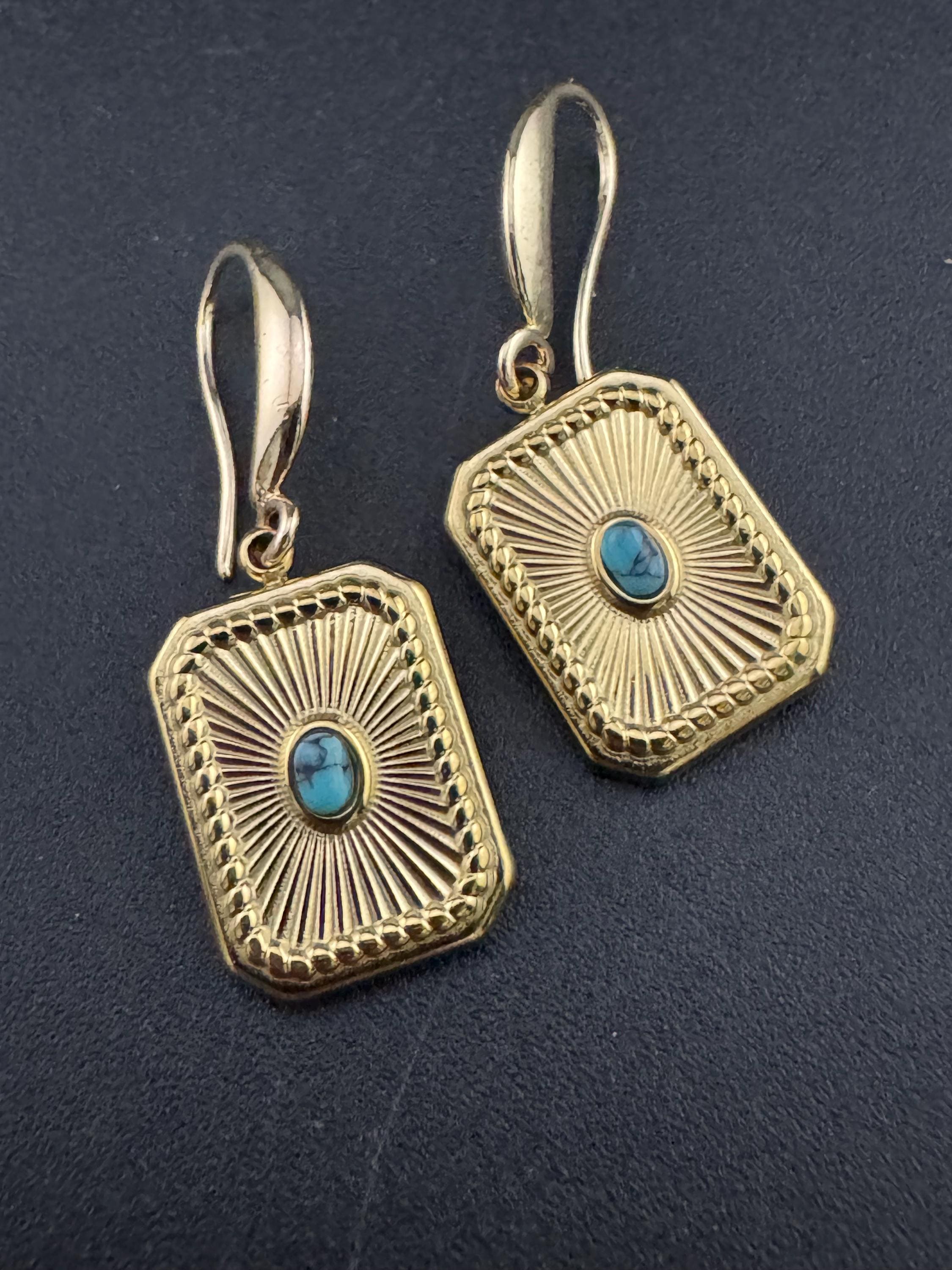 18k gold plated turquoise blue enamel Victorian octagonal star charm panel earrings