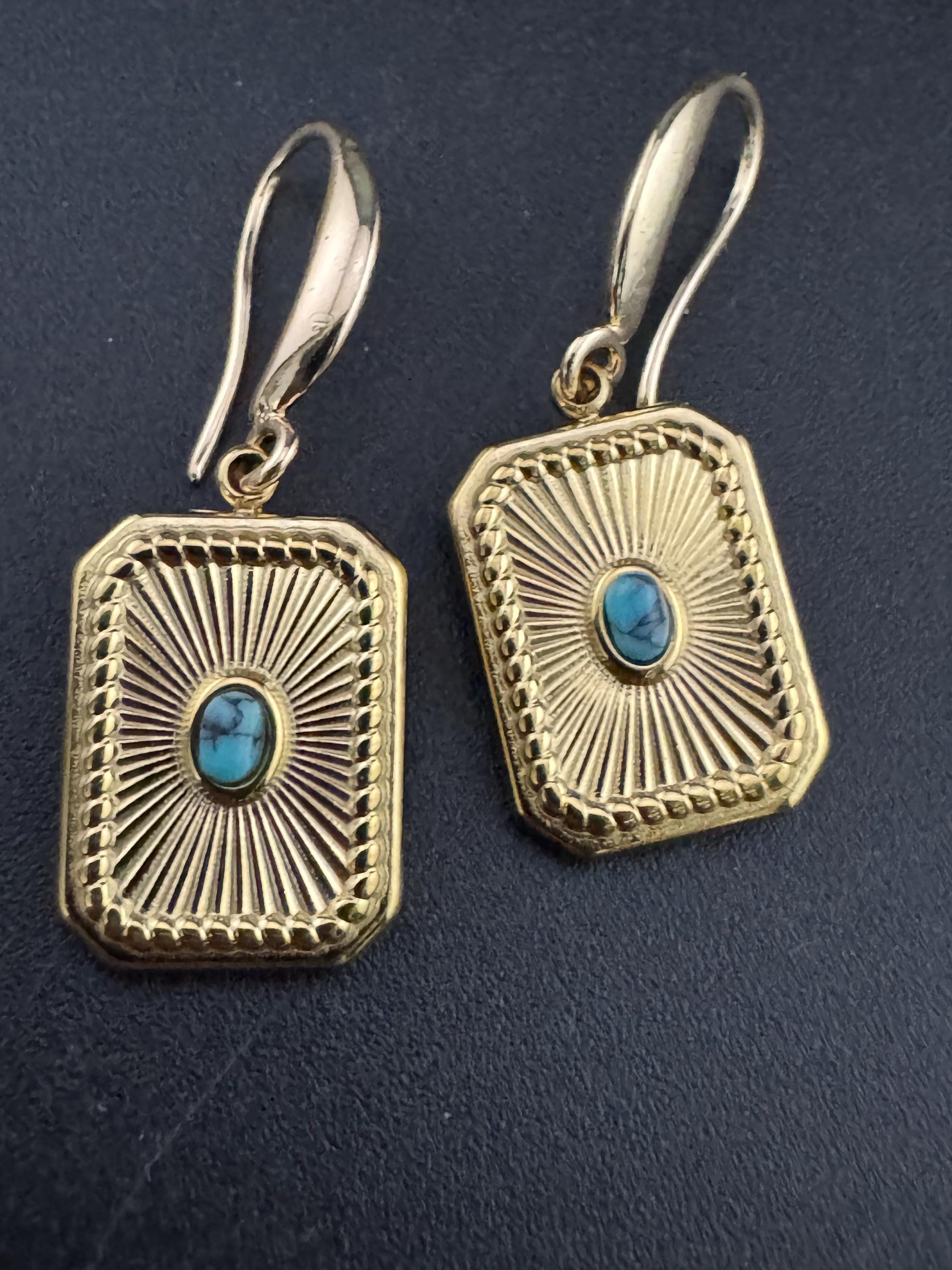 18k gold plated turquoise blue enamel Victorian octagonal star charm panel earrings