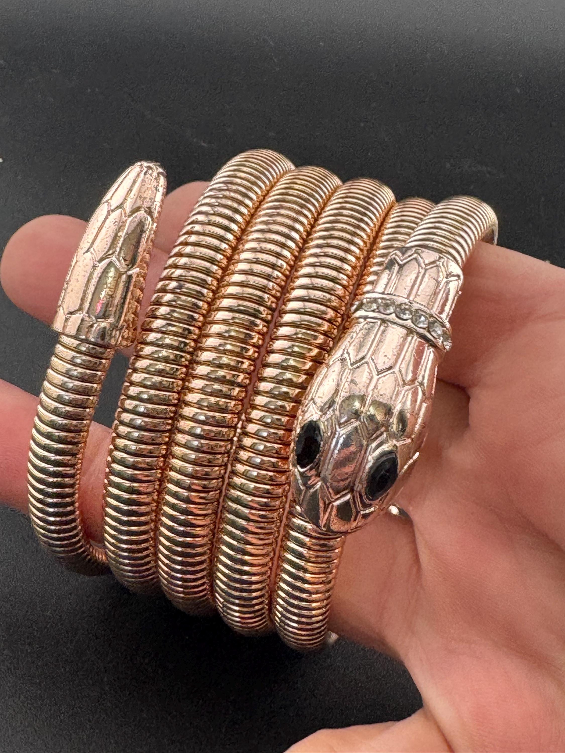 Retro copper tone omega chain black diamanté snake bangle with clear crystal diamanté stones