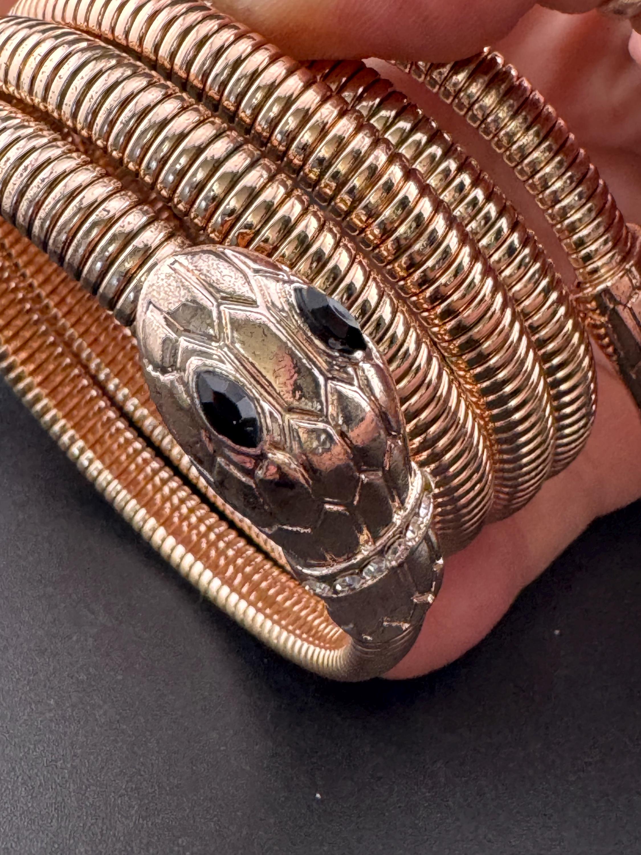 Retro copper tone omega chain black diamanté snake bangle with clear crystal diamanté stones