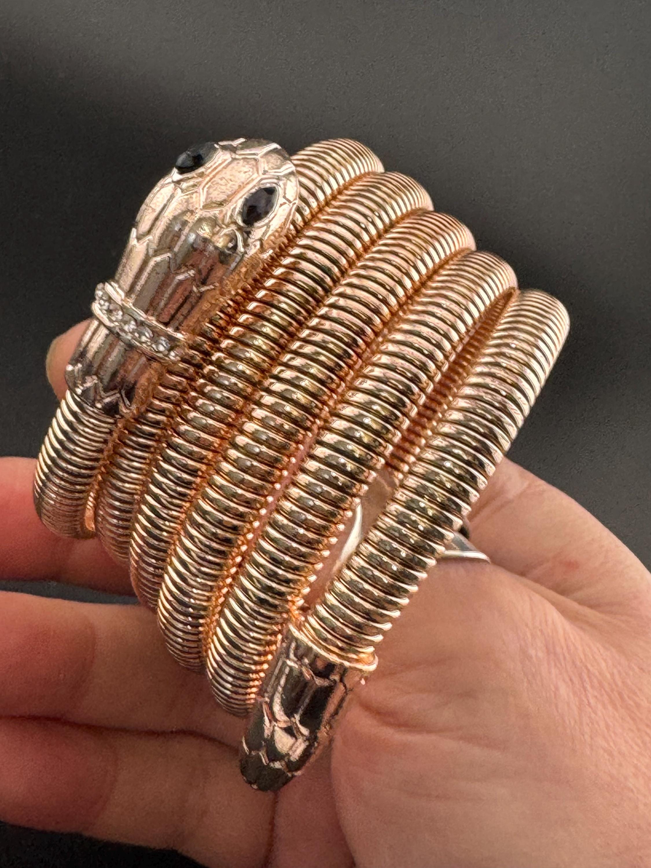 Retro copper tone omega chain black diamanté snake bangle with clear crystal diamanté stones