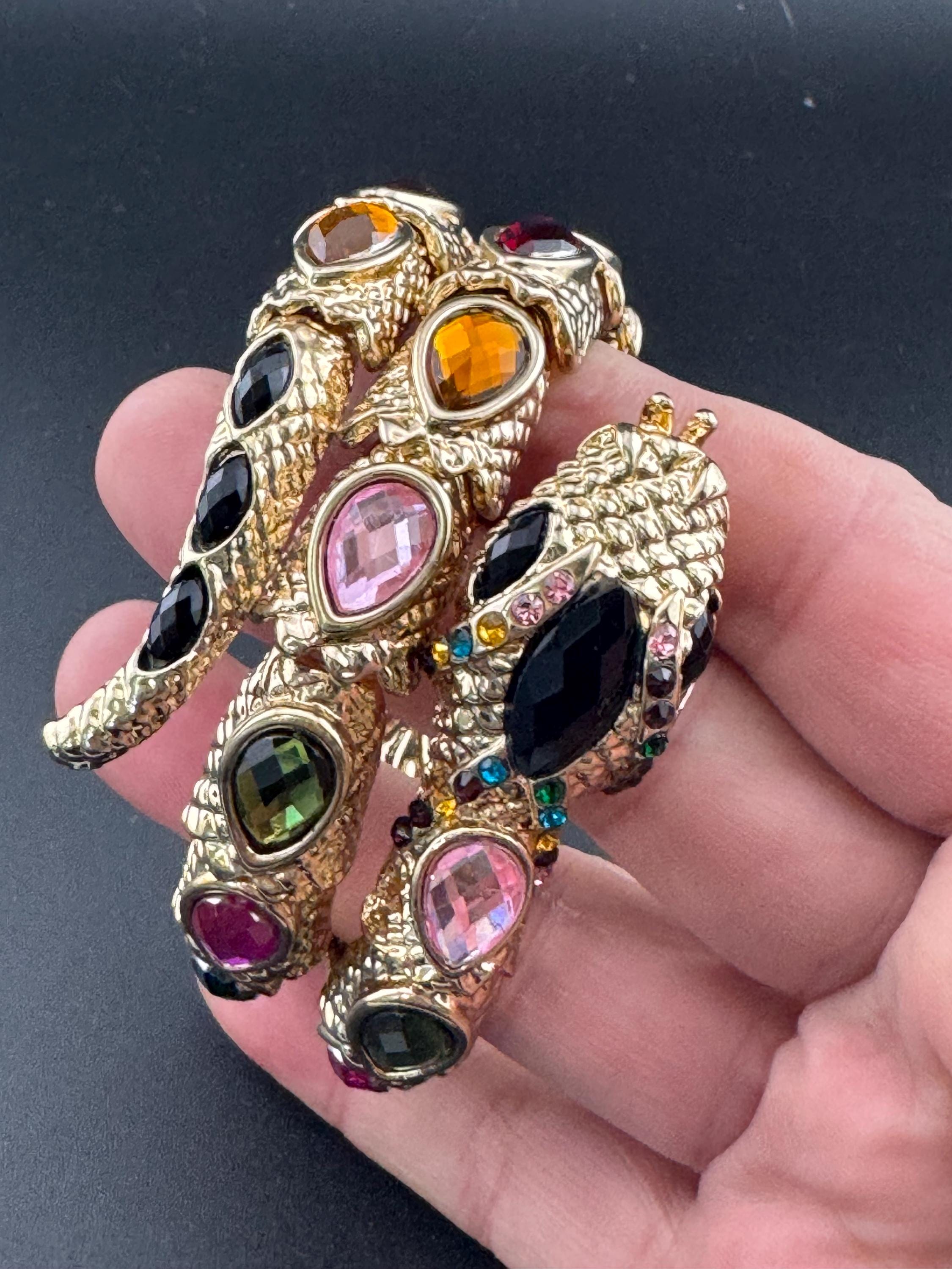 Retro bright gold tone coiled diamanté snake bangle with rainbow teardrop crystal diamanté stones