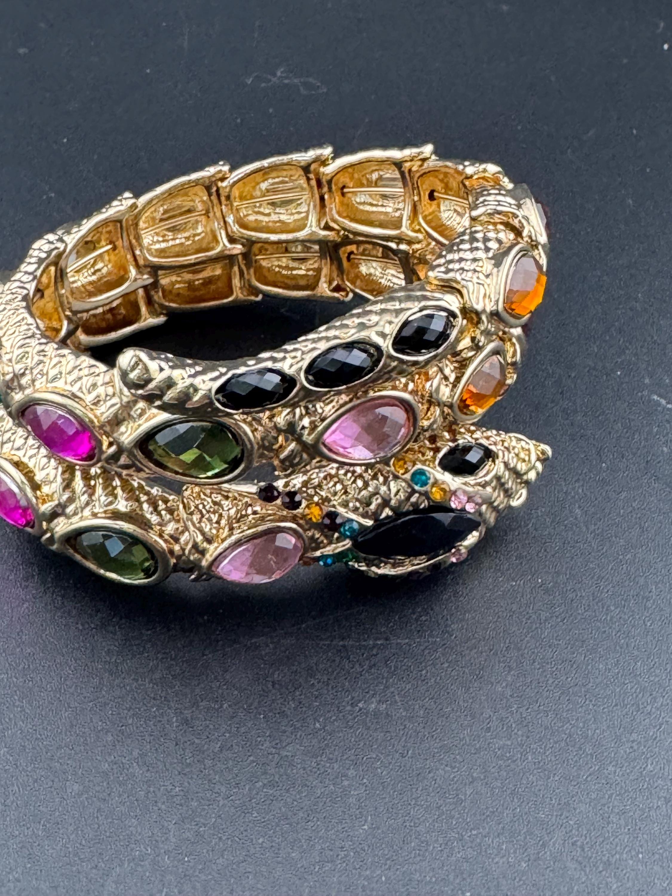 Retro bright gold tone coiled diamanté snake bangle with rainbow teardrop crystal diamanté stones