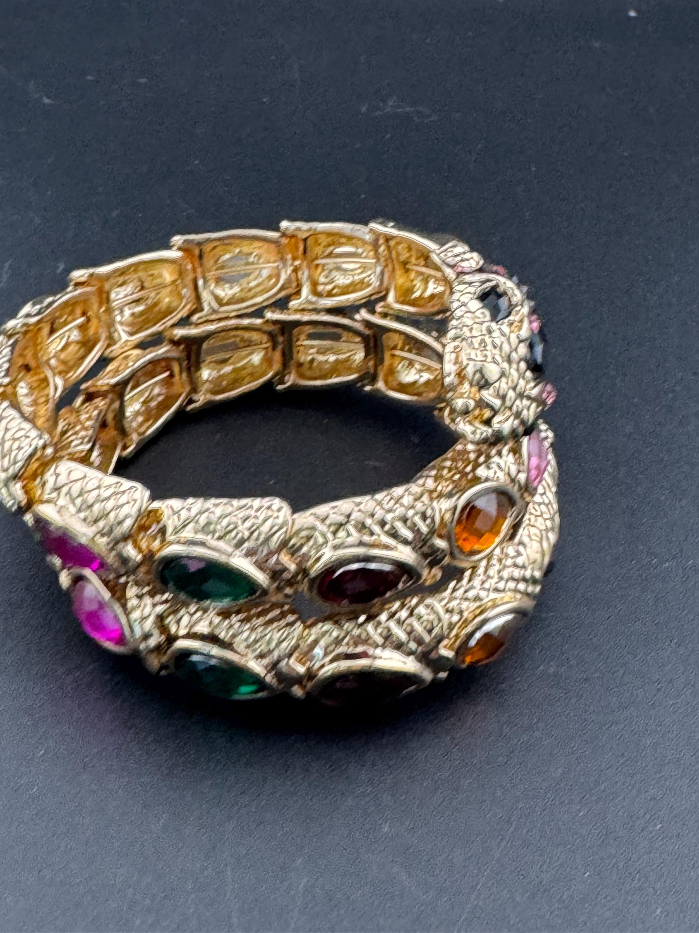 Retro bright gold tone coiled diamanté snake bangle with rainbow teardrop crystal diamanté stones