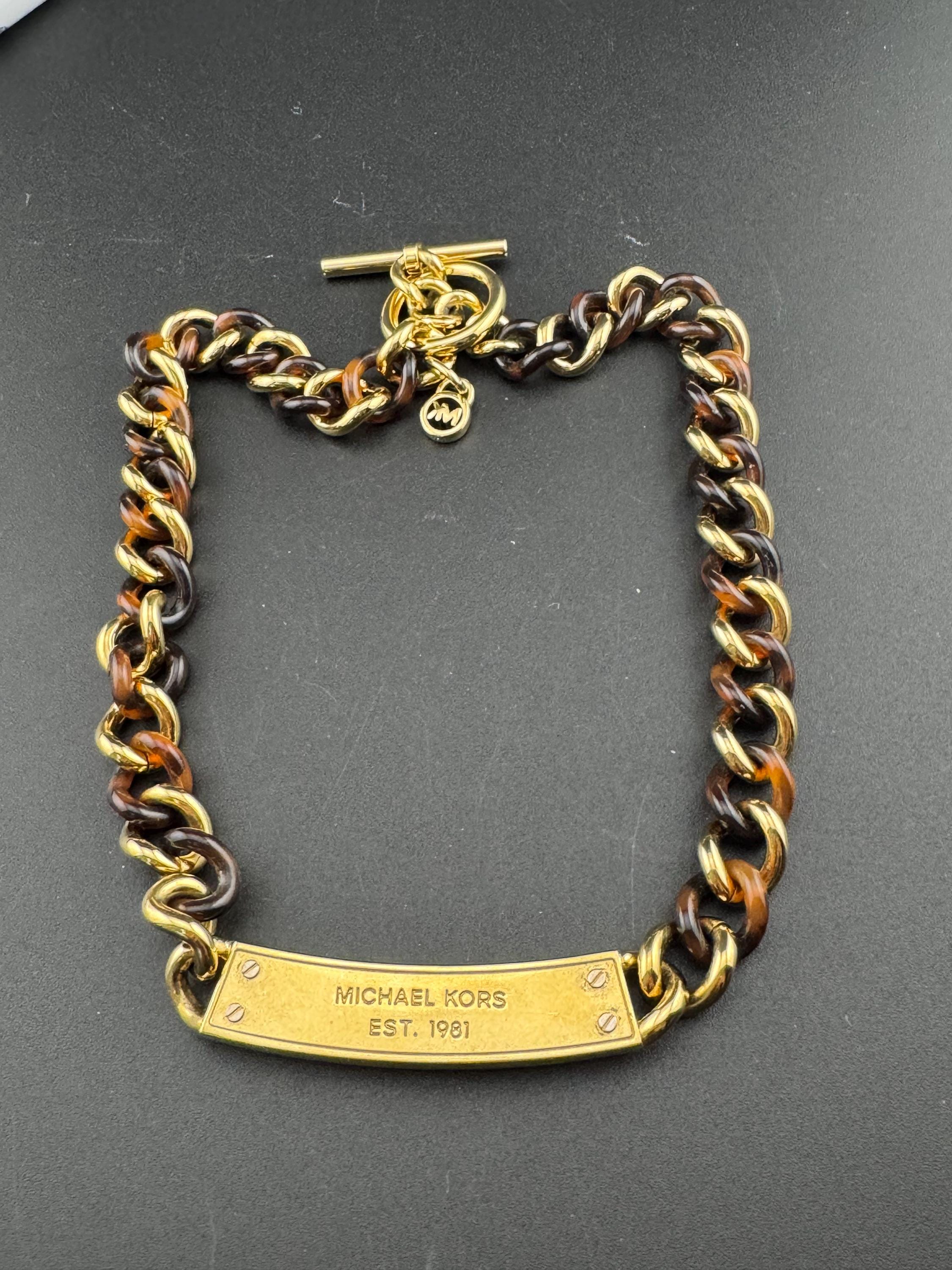 retro 90s Michael kors brown faux tortoiseshell gold tone pave crystal set choker necklace reversible 45cm
