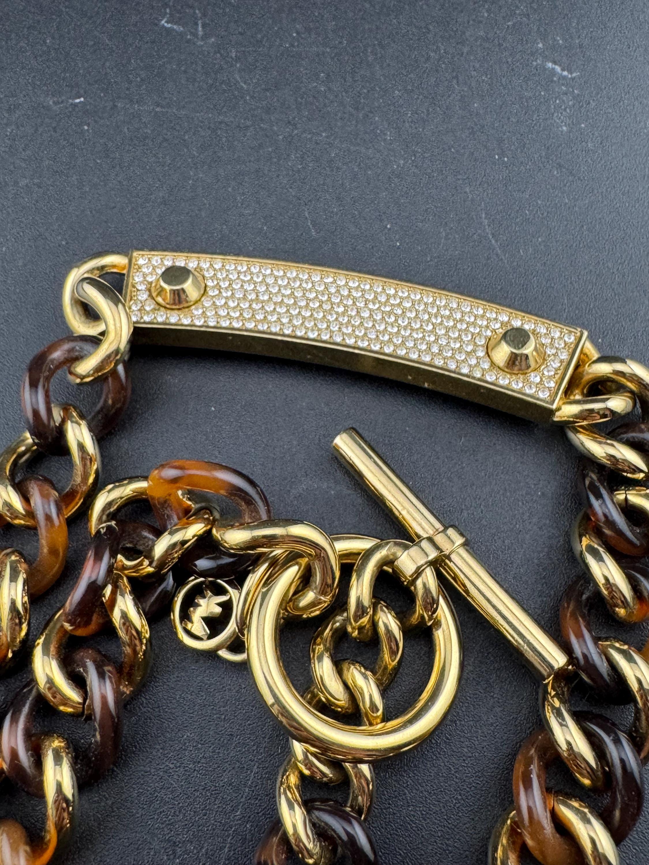 retro 90s Michael kors brown faux tortoiseshell gold tone pave crystal set choker necklace reversible 45cm