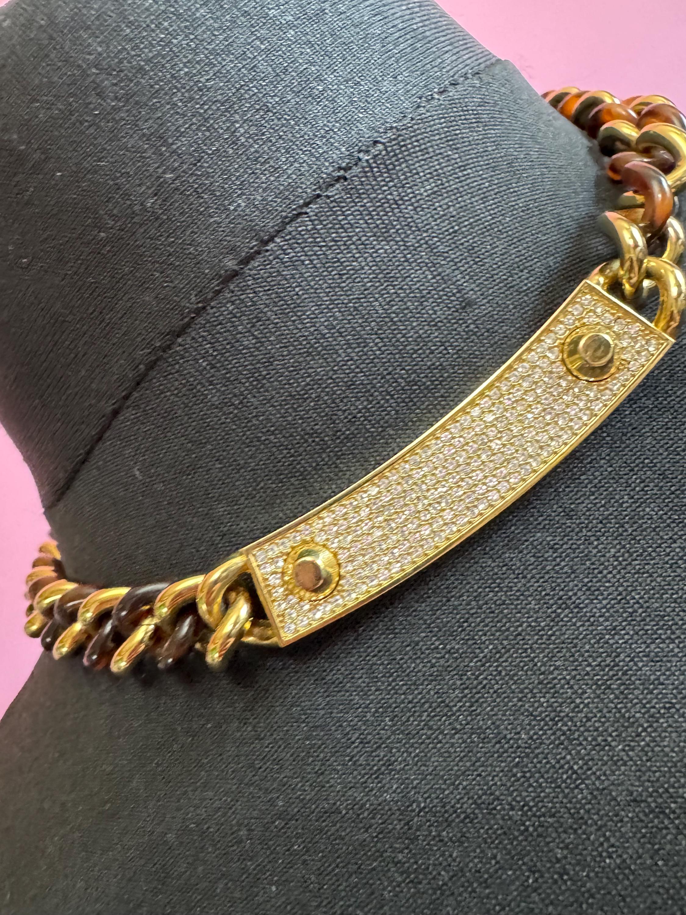 retro 90s Michael kors brown faux tortoiseshell gold tone pave crystal set choker necklace reversible 45cm