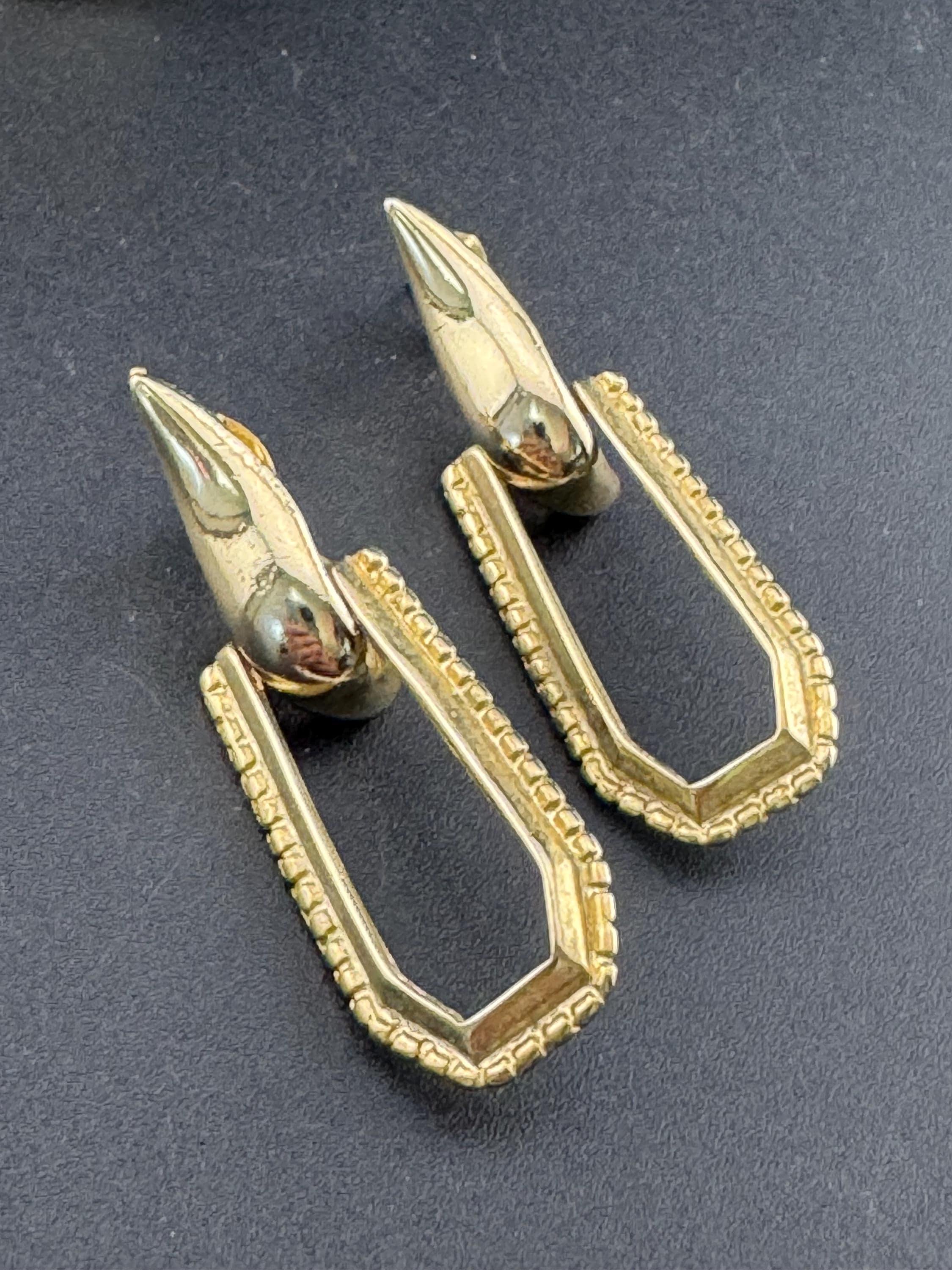 Vintage gold tone 1980s long drop door knocker earrings for pierced ears