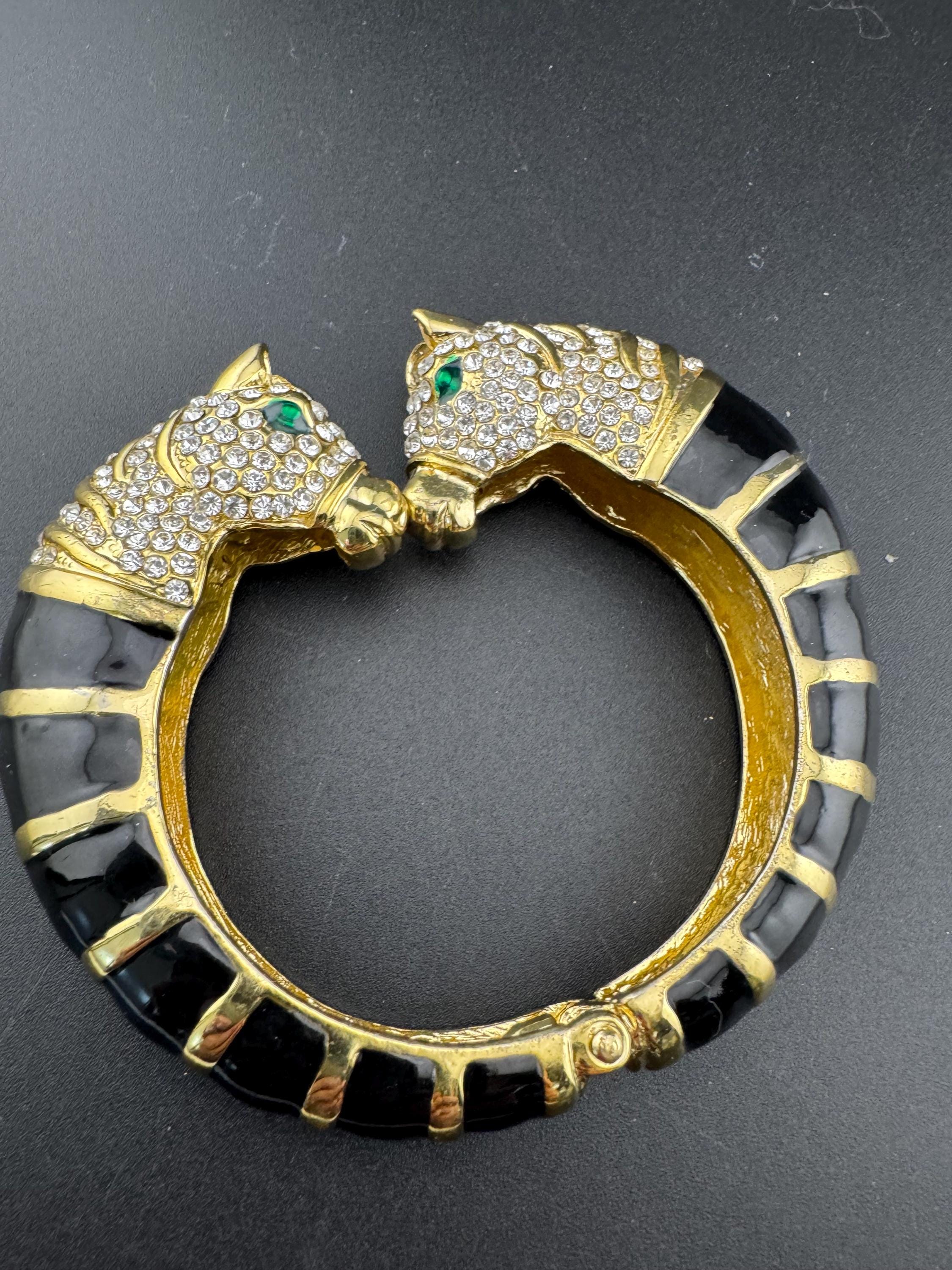 Black enamel double horse head clear diamanté clamper bangle hinged rhinestone crystal bracelet