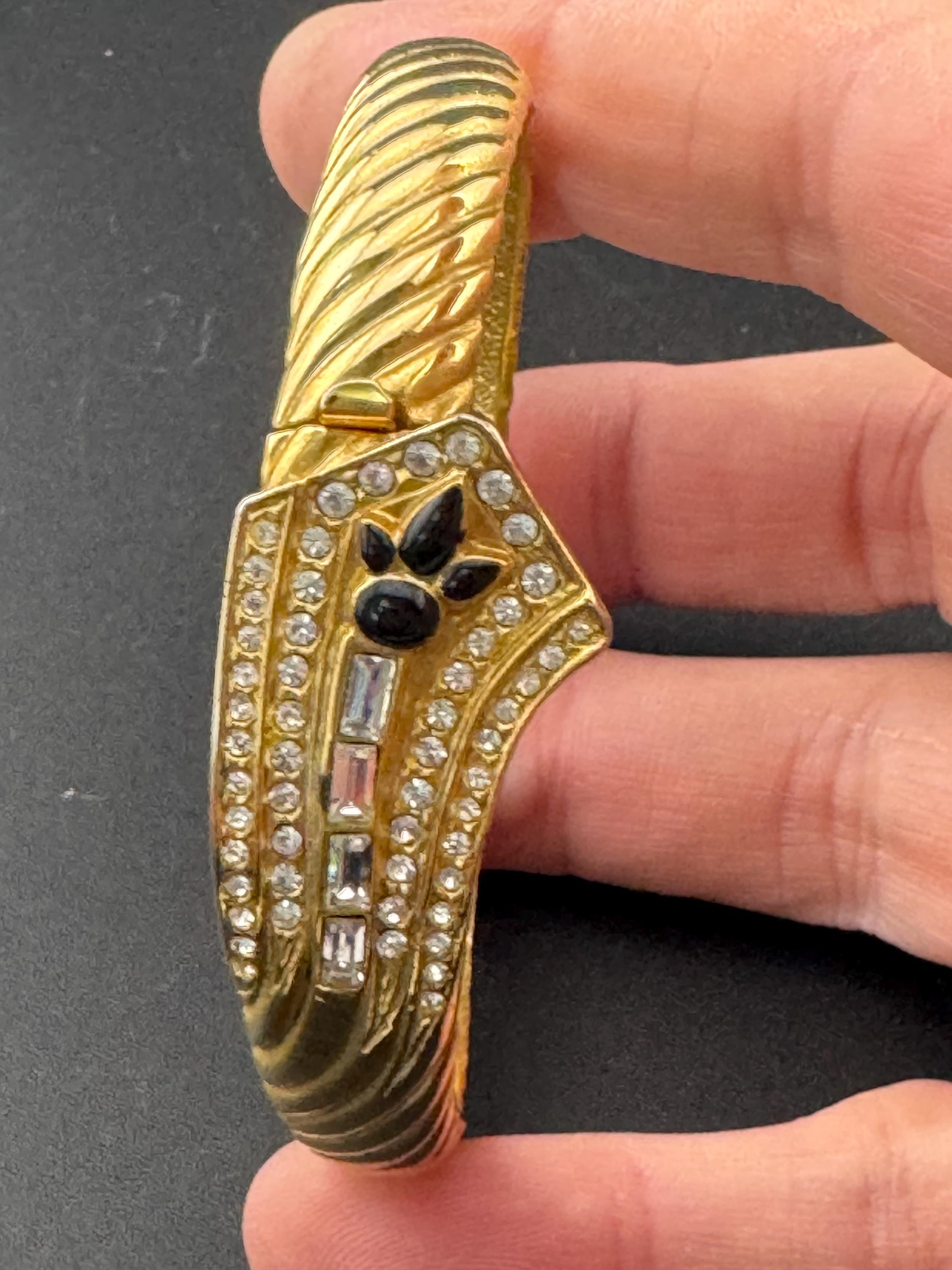 Retro clear diamanté crystal and black enamel hinged clamper bangle with baguette paste