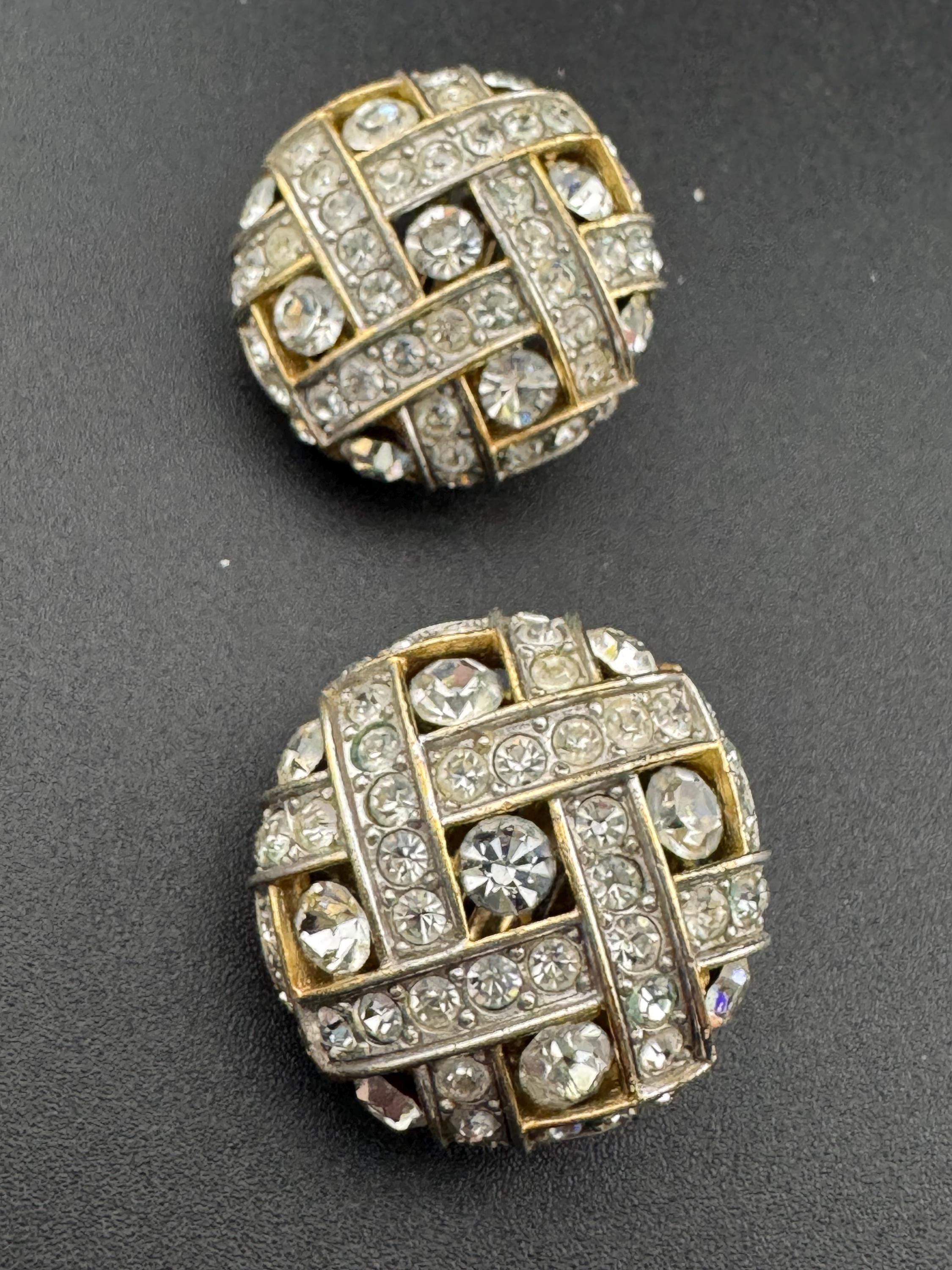 Vintage diamanté Clip On round stud Earrings gold Tone 2cm high end