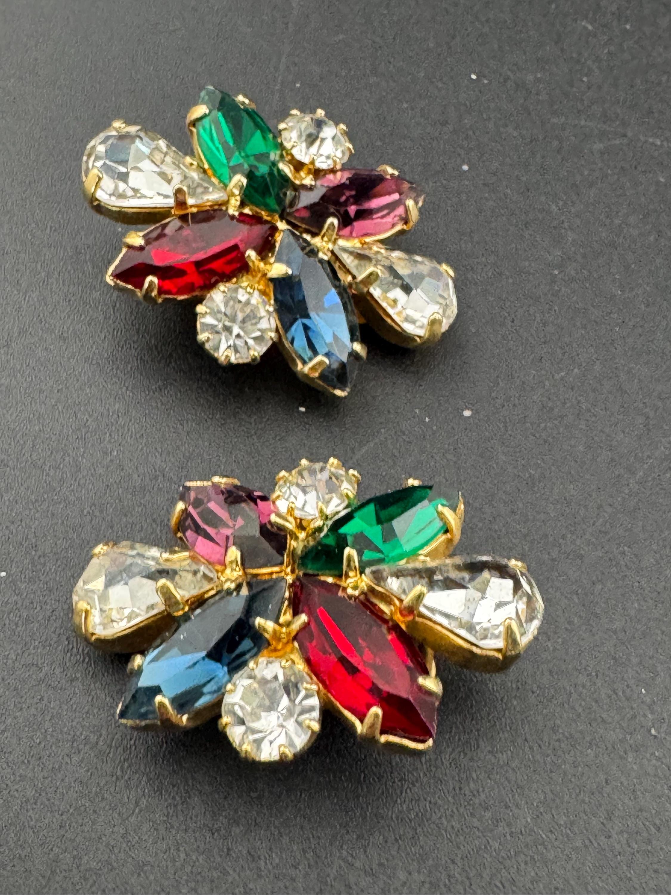 Vintage Oversized rainbow diamanté Clip On starburst floral clip on Earrings gold Tone 3.5cm